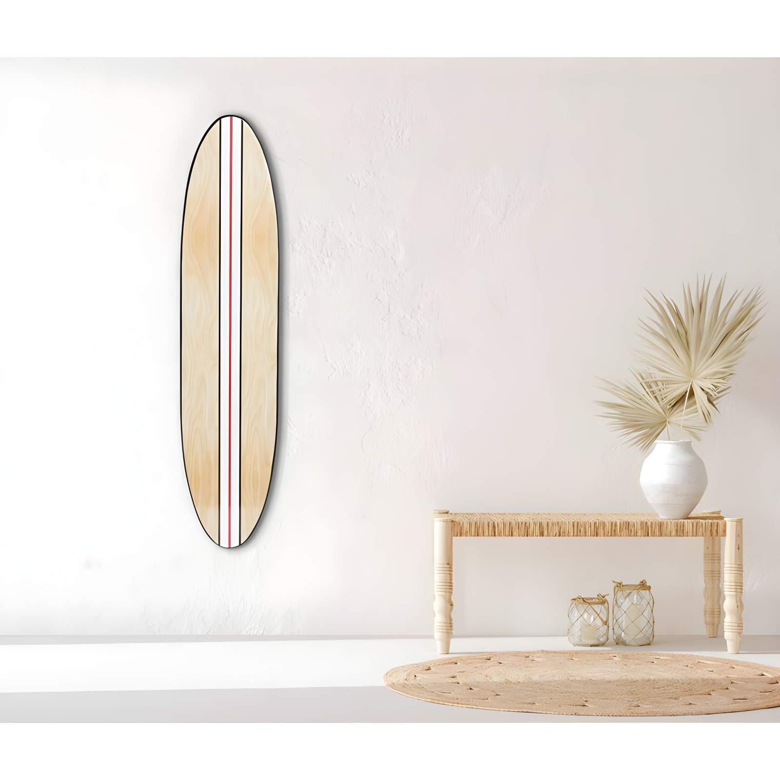 Storied Home Lacquered Wood Surfboard Wall Decor with White/Red Striped Hangs Vertical or Horizontal: Modern Abstract Art
