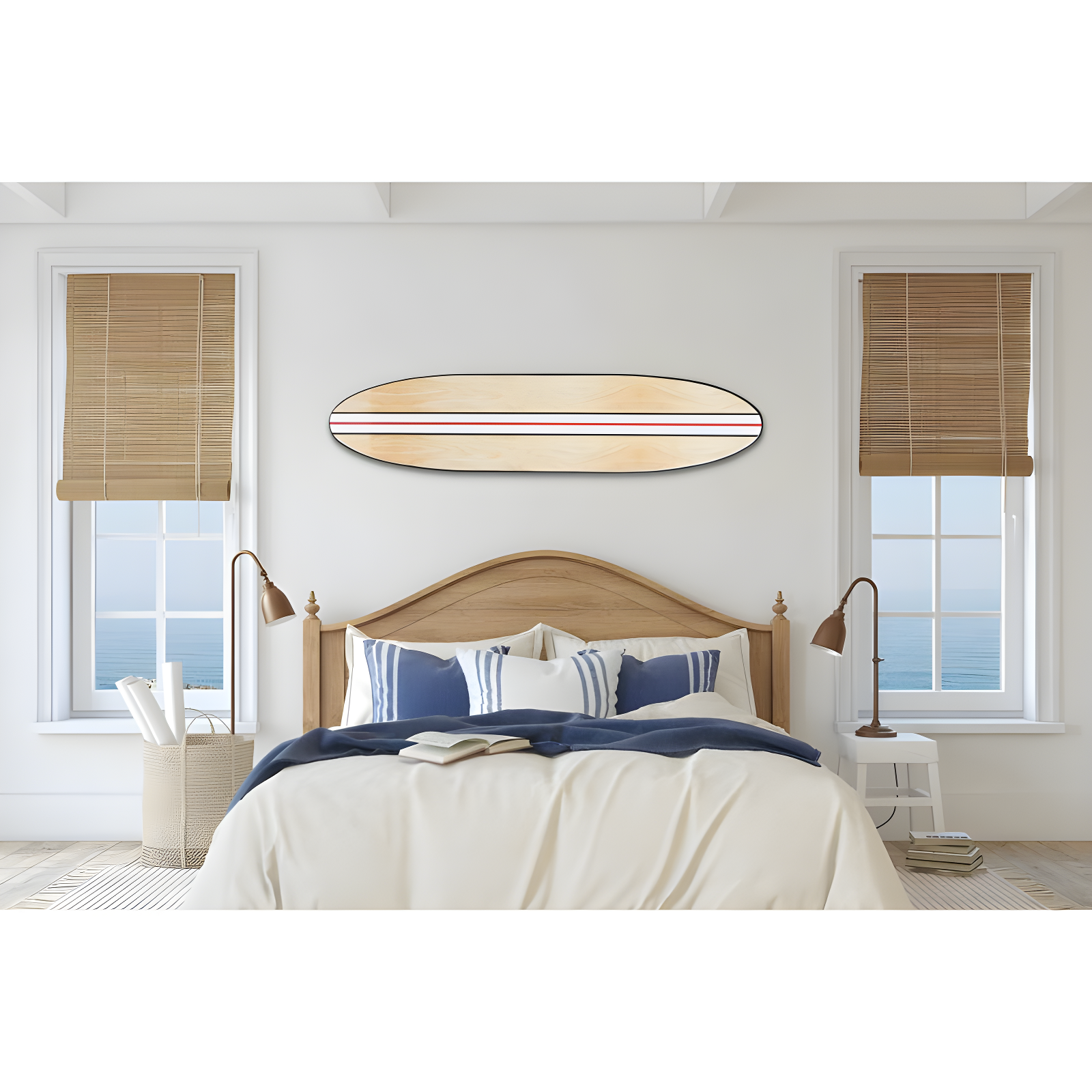 Storied Home Lacquered Wood Surfboard Wall Decor with White/Red Striped Hangs Vertical or Horizontal: Modern Abstract Art