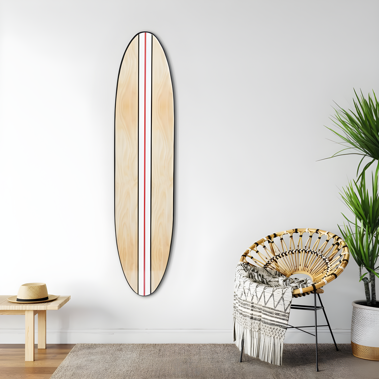 Storied Home Lacquered Wood Surfboard Wall Decor with White/Red Striped Hangs Vertical or Horizontal: Modern Abstract Art