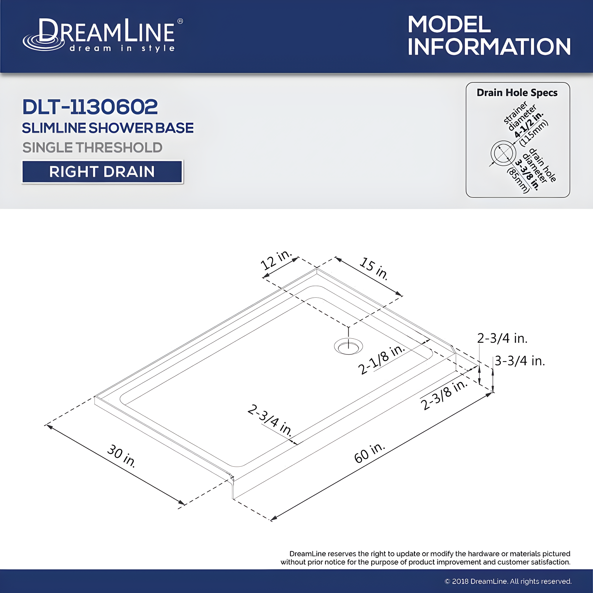 SlimLine 60" x 30" Single Threshold Shower Base