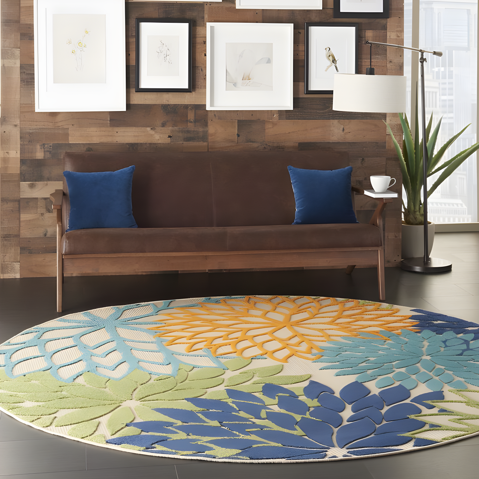Nourison Aloha Floral Bloom Flatweave High-Low Indoor Outdoor Round Rug Multicolor 7'10" x 7'10"