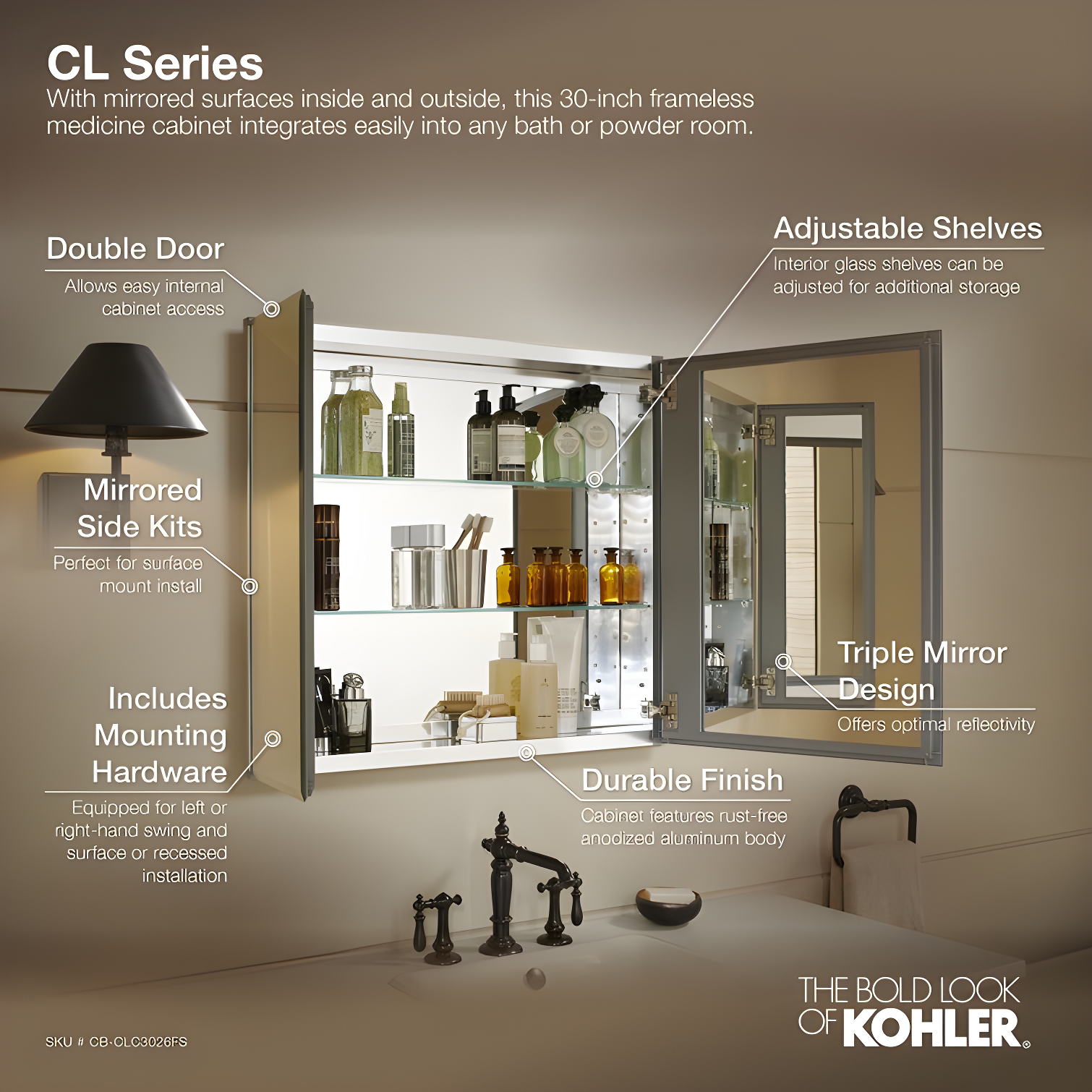 CLC Aluminum Two-Door Medicine Cabinet With Mirrored Doors, Beveled Edges