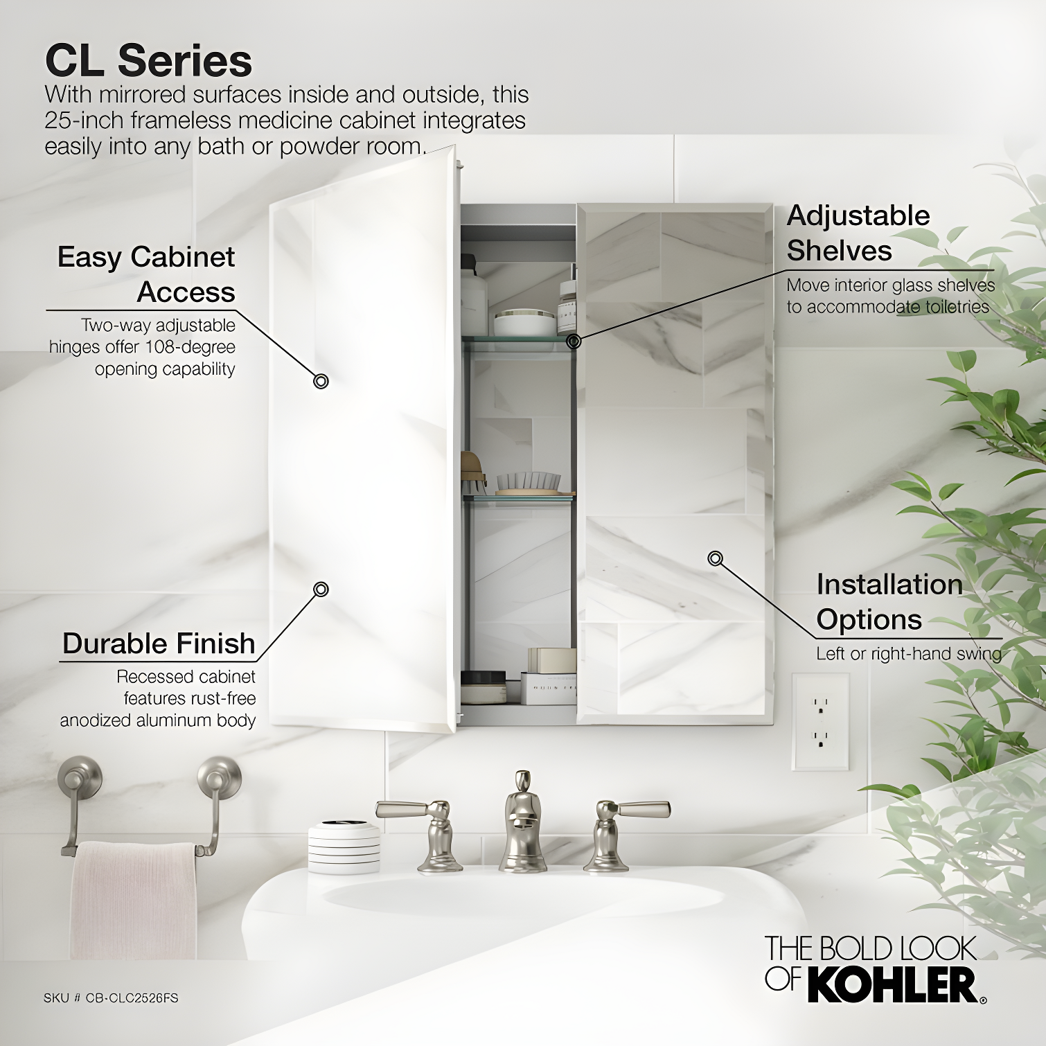 CLC Aluminum Two-Door Medicine Cabinet With Mirrored Doors, Beveled Edges