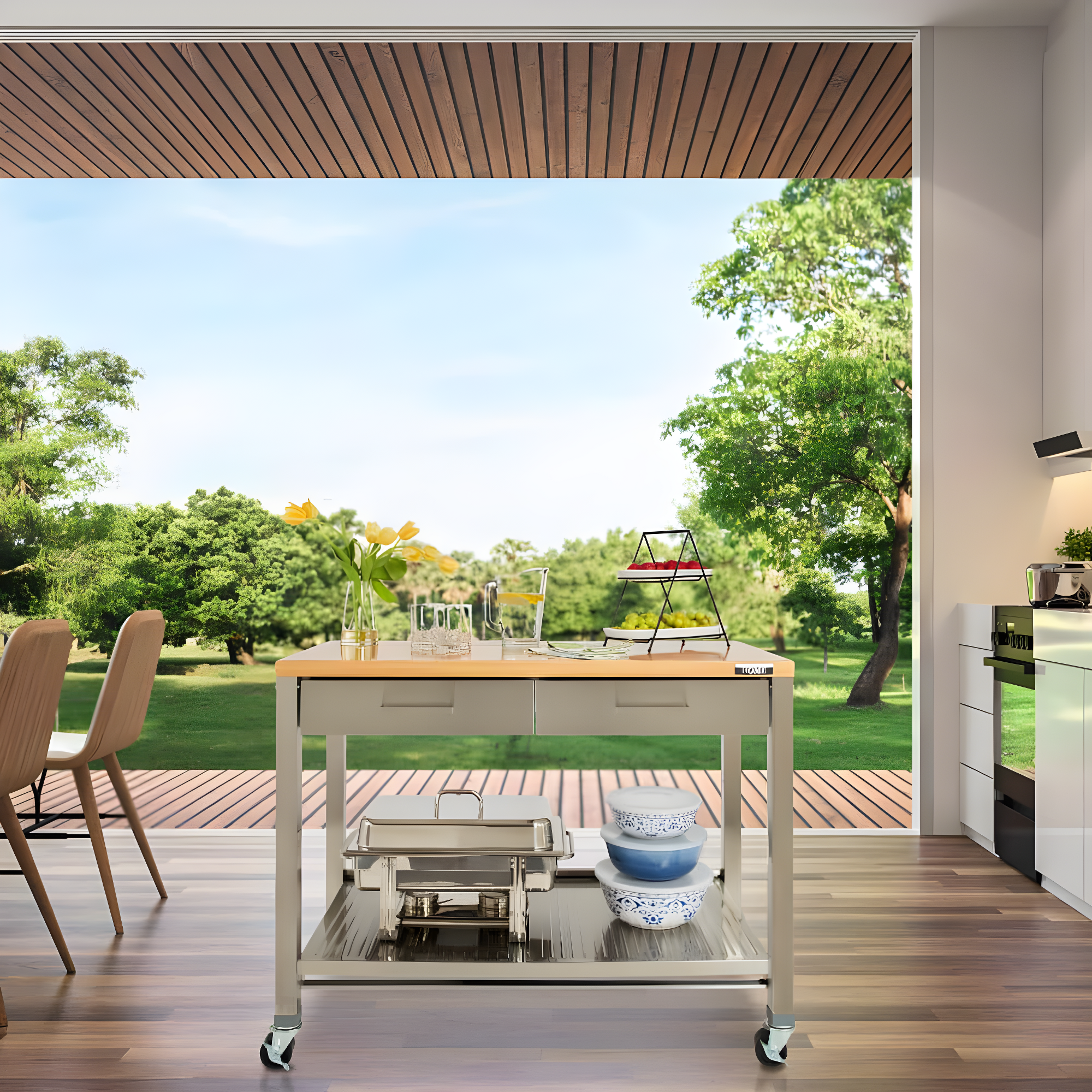 48'' Wide Stainless Steel Kitchen Rolling Cart Island with Solid Wood Top