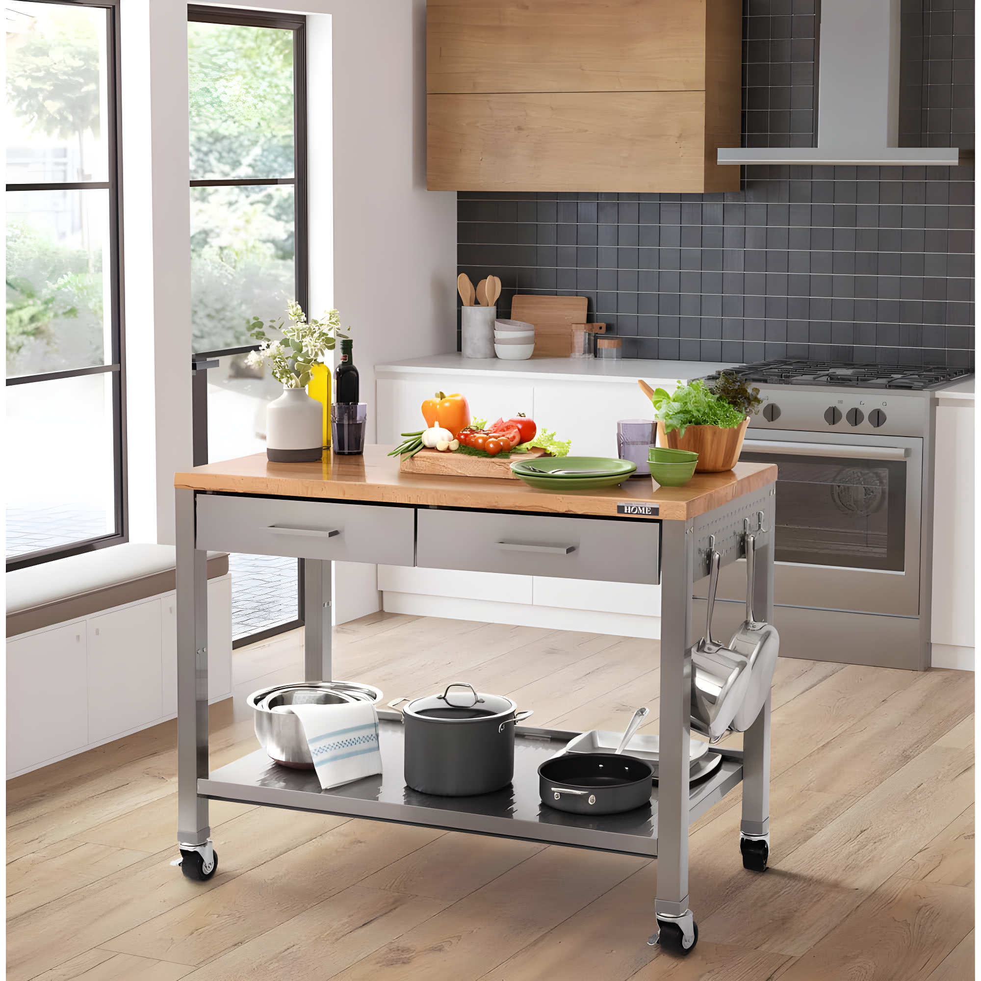 48'' Wide Stainless Steel Kitchen Rolling Cart Island with Solid Wood Top