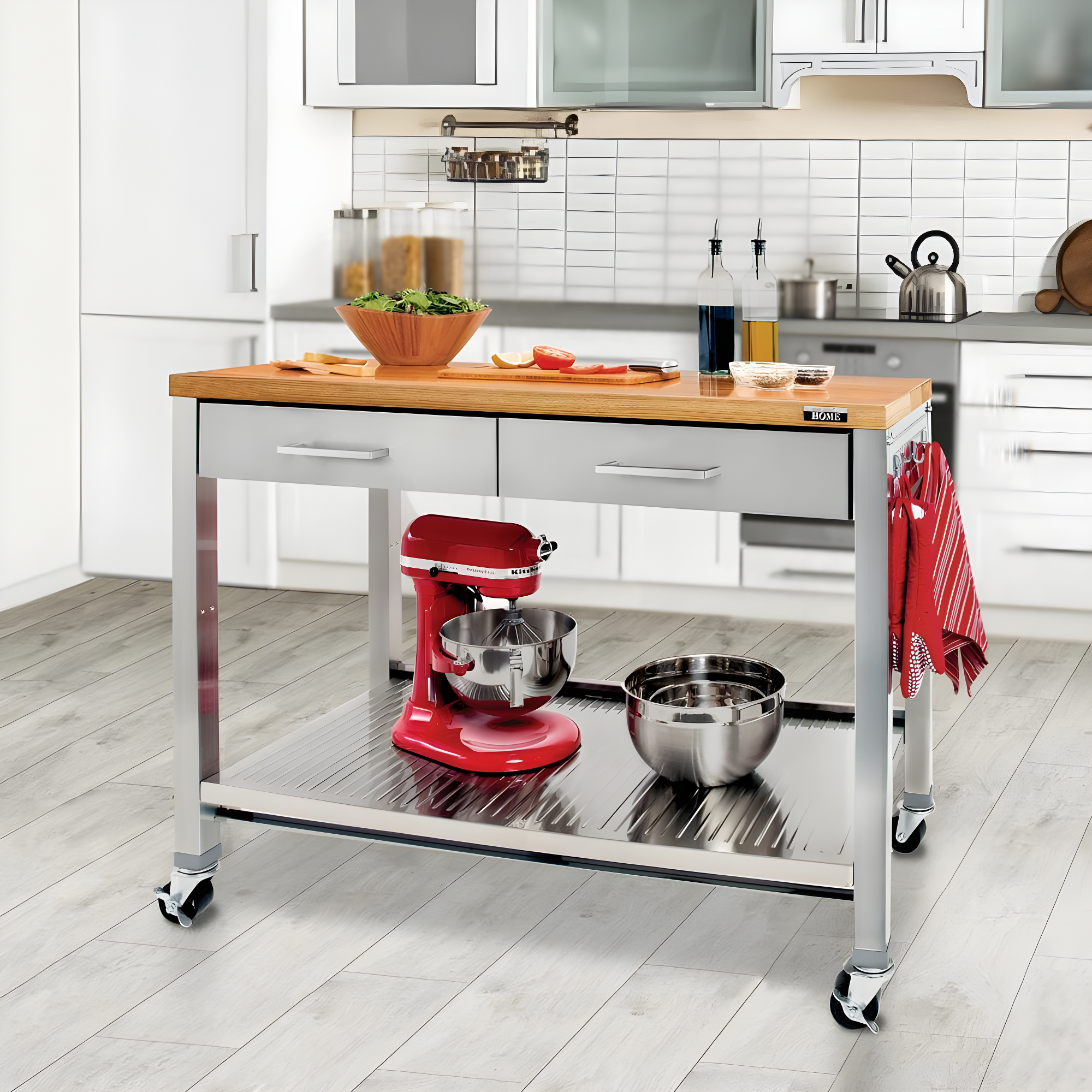 48'' Wide Stainless Steel Kitchen Rolling Cart Island with Solid Wood Top