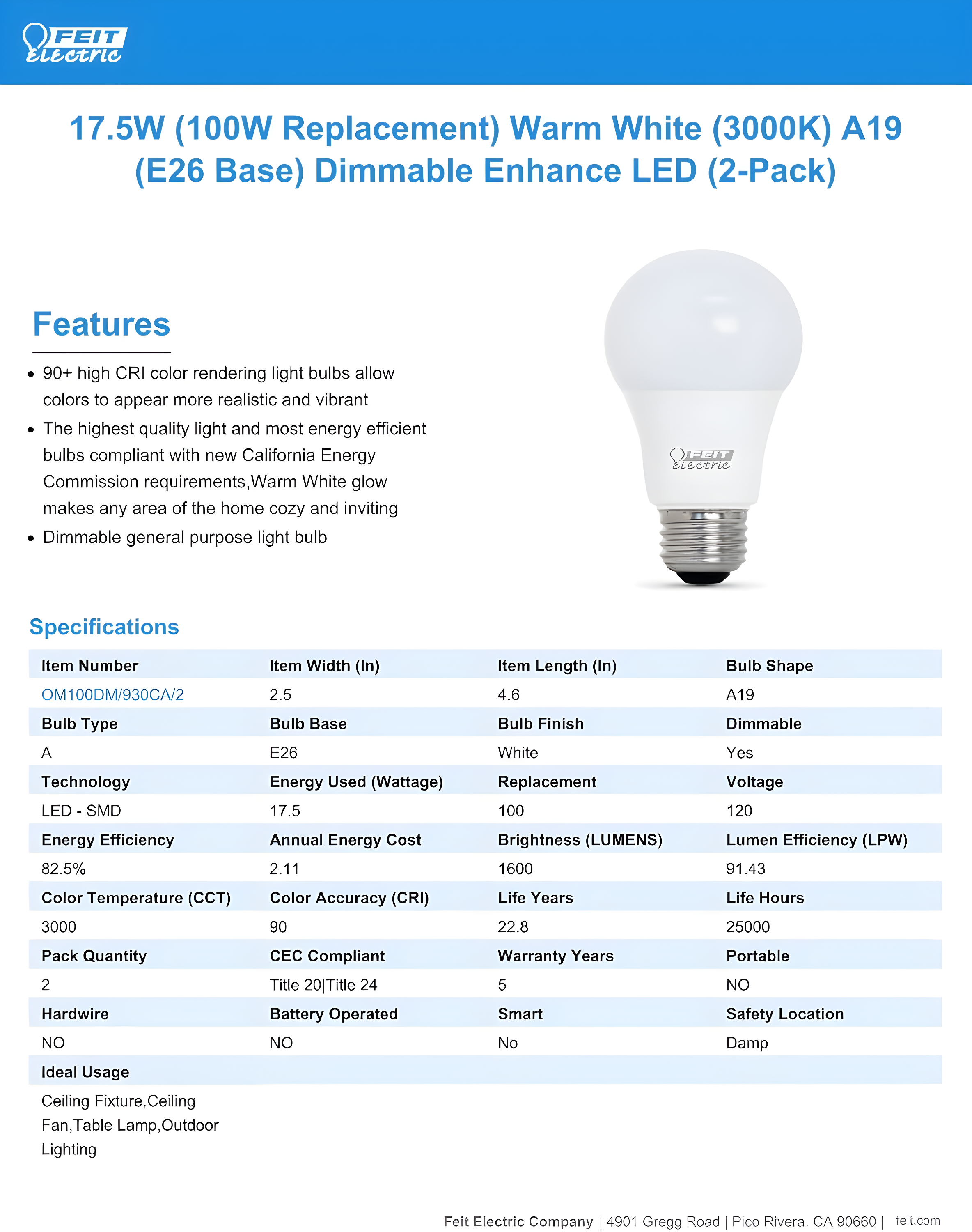 Feit Electric Enhance A19 E26 (Medium) LED Bulb Bright White 100 Watt Equivalence 2 pk