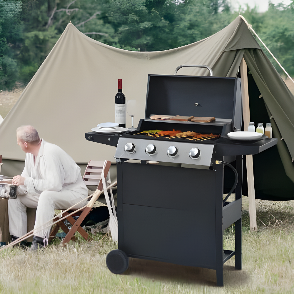 BBQ Grill, 4Bur nerBbq Propane Gas Grill, Propane Grill Built-In Stainless Steel Thermometer, 34200 Btu Output for Outdoor Cooking Kitchen and Patio Backyard Barbecue, Stainless Steel