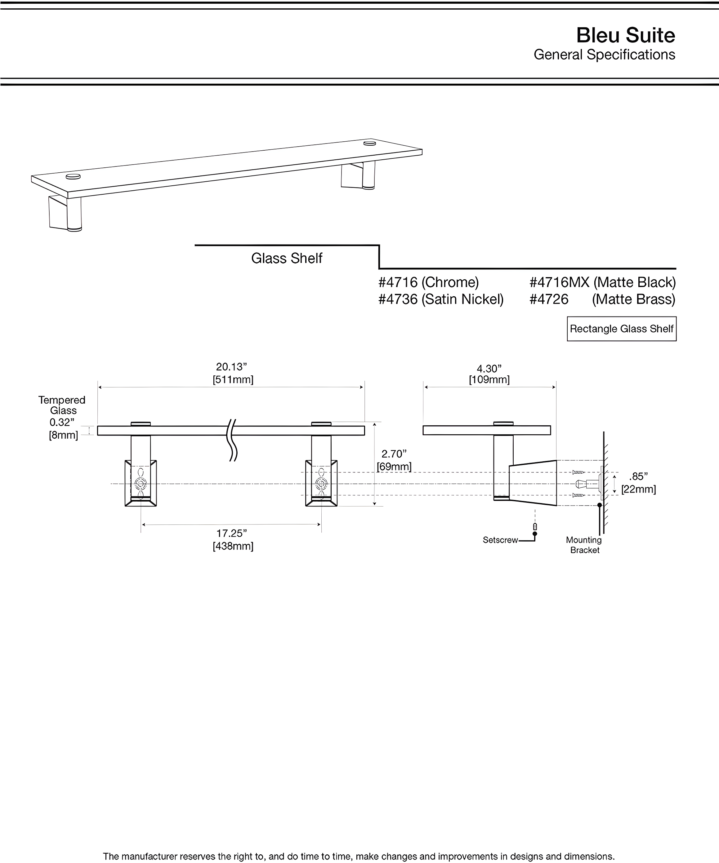 Bleu Wall Mount Rectangle Tempered Glass Shelf | Floating Shelf