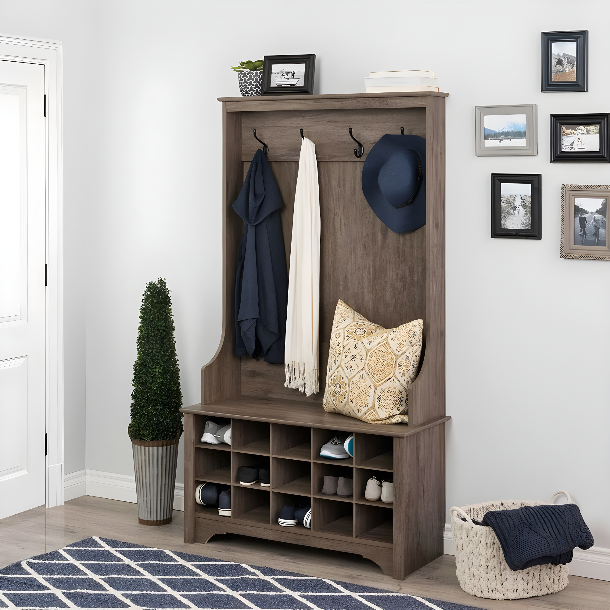 Prepac Hall Tree with Shoe Storage Drifted Gray : Entryway Organizer, Mudroom Bench, 4 Hooks, 15 Cubbies