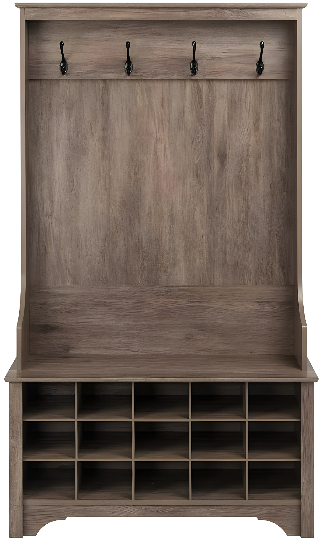 Prepac Hall Tree with Shoe Storage Drifted Gray : Entryway Organizer, Mudroom Bench, 4 Hooks, 15 Cubbies