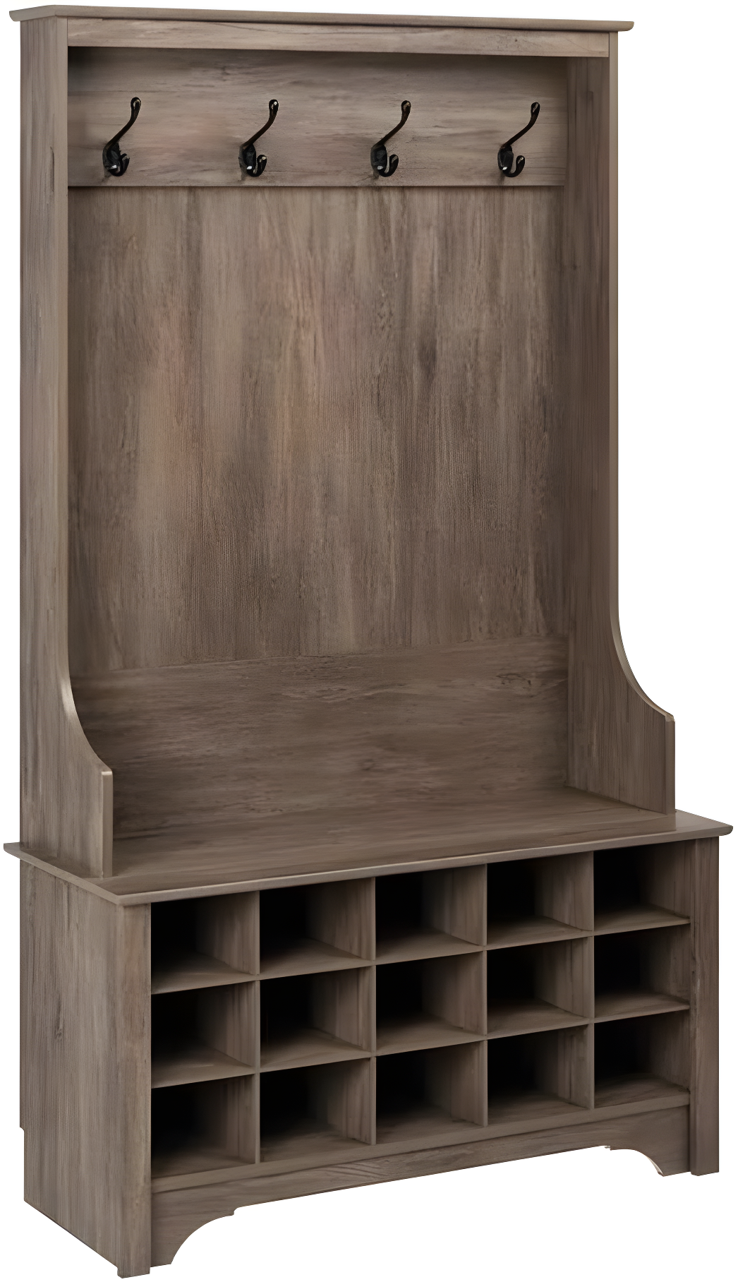 Prepac Hall Tree with Shoe Storage Drifted Gray : Entryway Organizer, Mudroom Bench, 4 Hooks, 15 Cubbies
