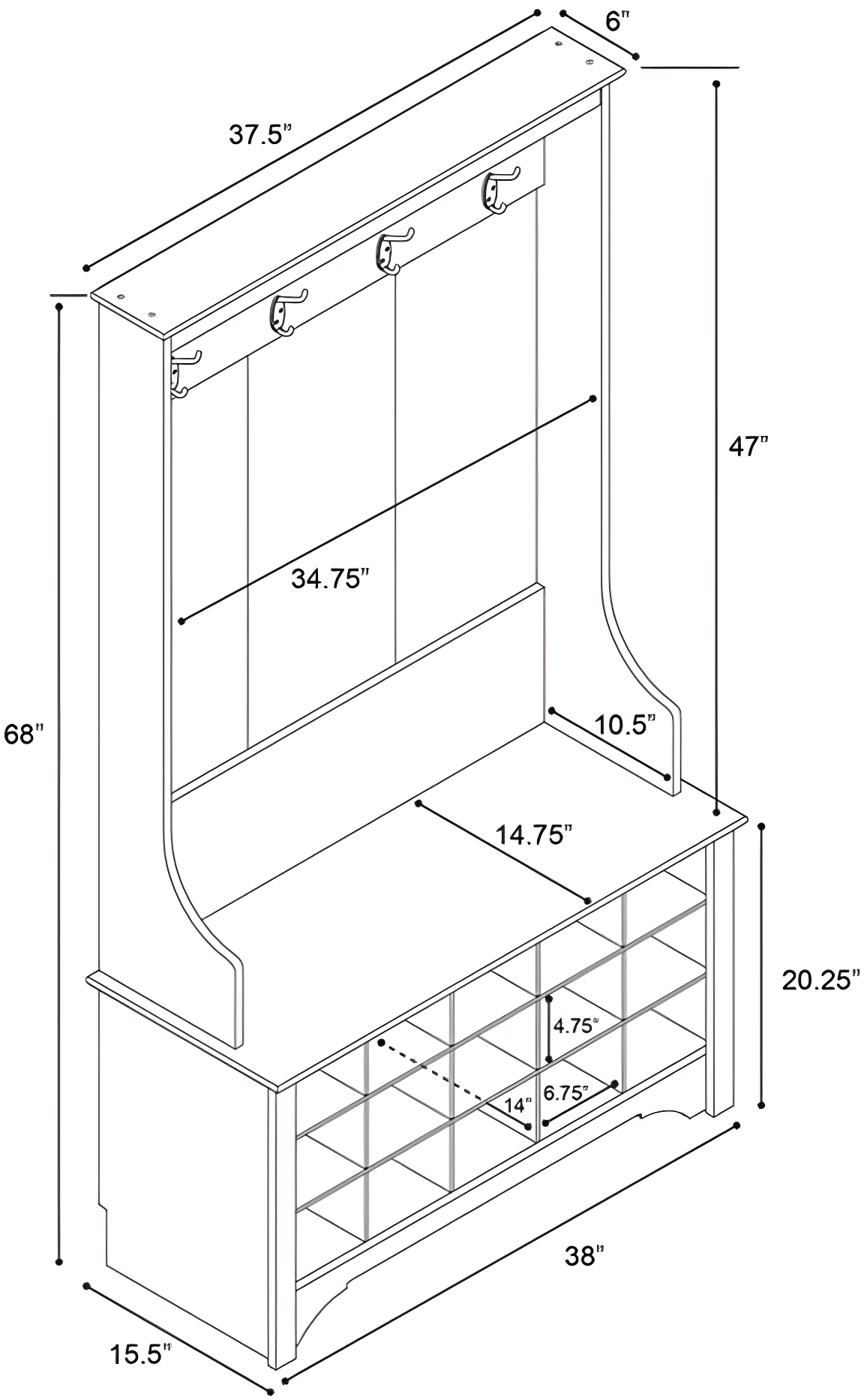 Prepac Hall Tree with Shoe Storage Drifted Gray : Entryway Organizer, Mudroom Bench, 4 Hooks, 15 Cubbies