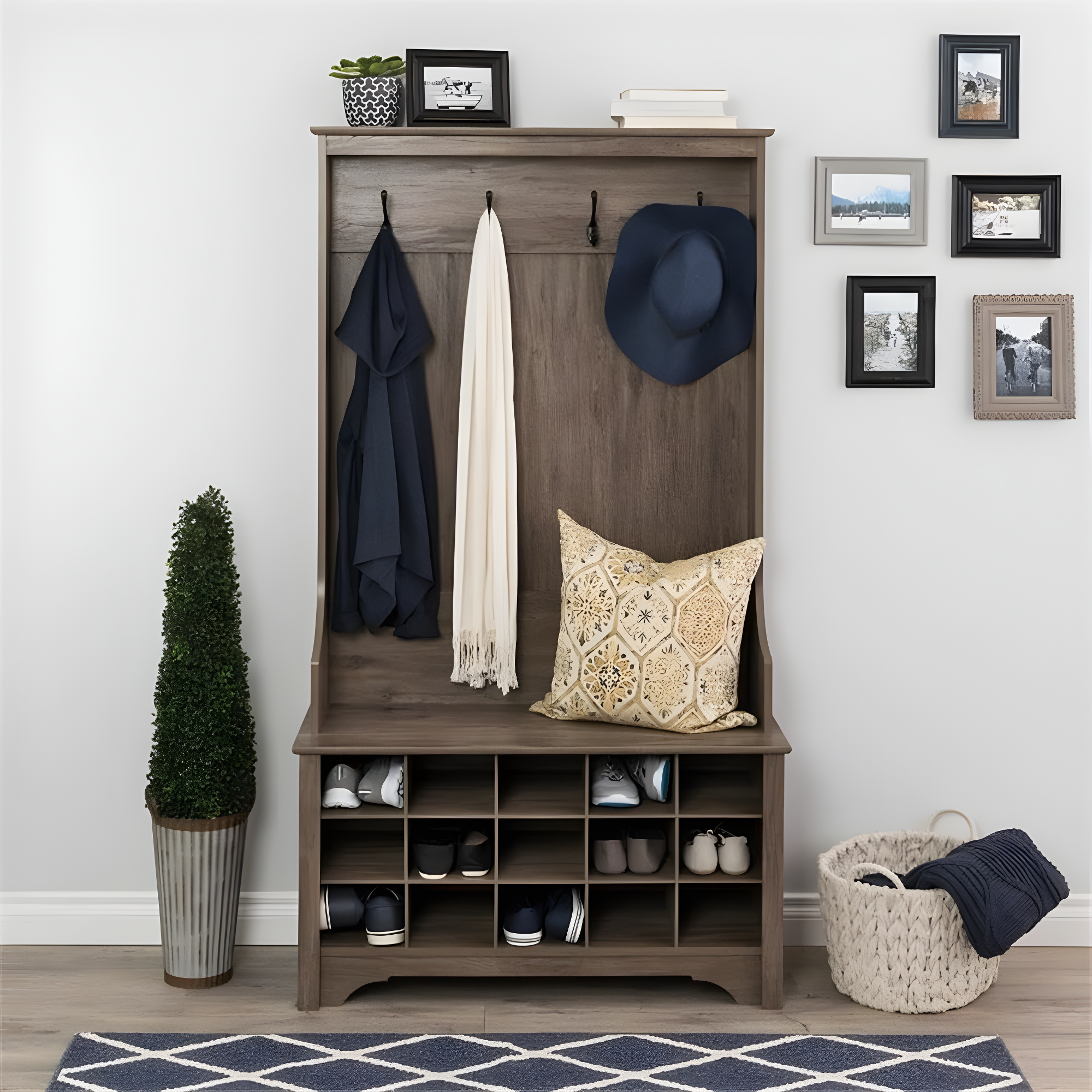 Prepac Hall Tree with Shoe Storage Drifted Gray : Entryway Organizer, Mudroom Bench, 4 Hooks, 15 Cubbies