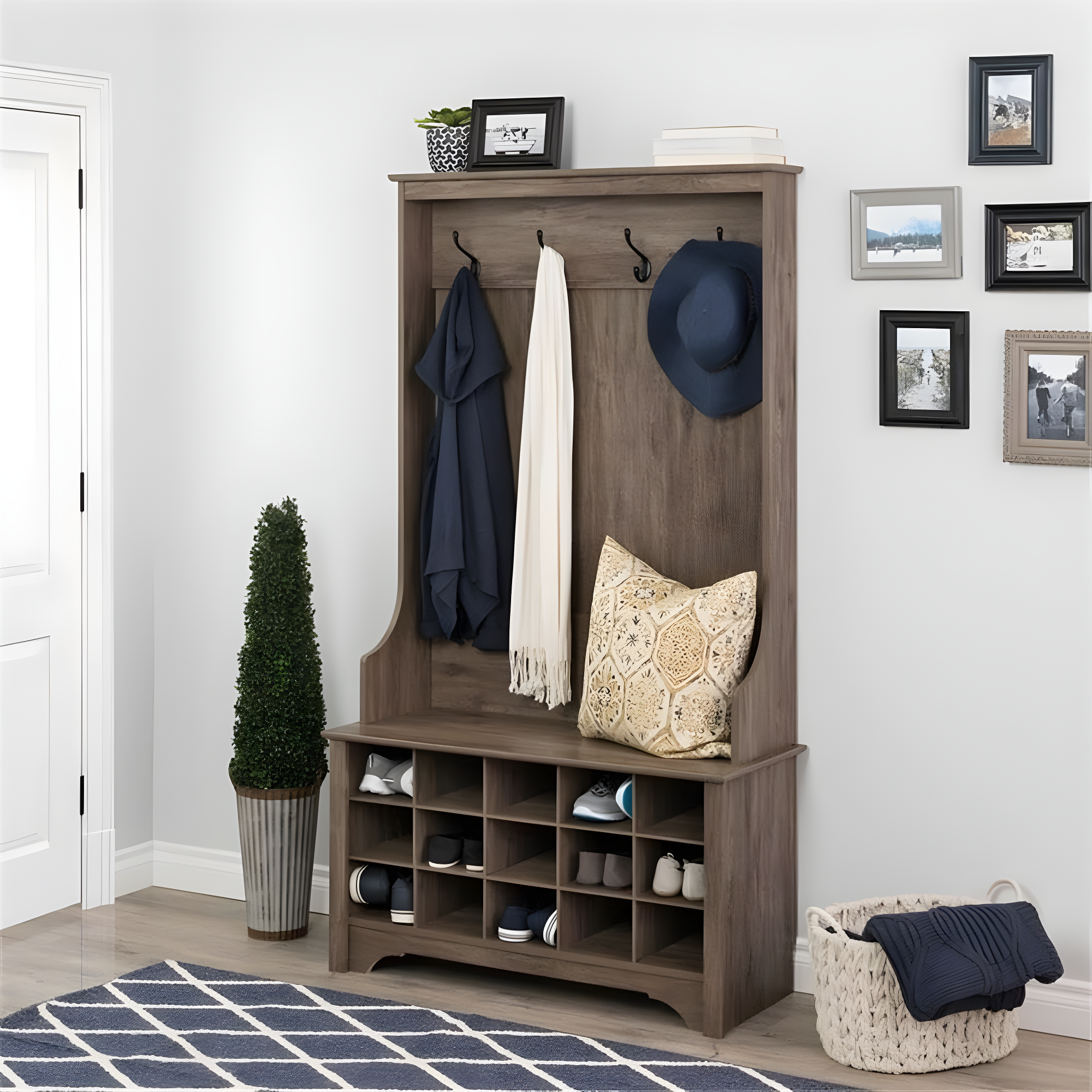 Prepac Hall Tree with Shoe Storage Drifted Gray : Entryway Organizer, Mudroom Bench, 4 Hooks, 15 Cubbies