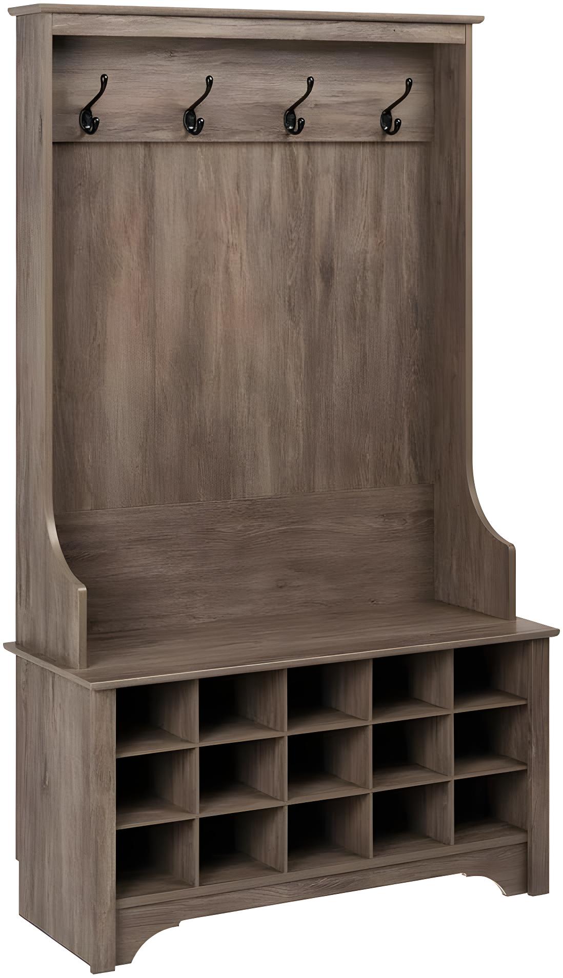 Prepac Hall Tree with Shoe Storage Drifted Gray : Entryway Organizer, Mudroom Bench, 4 Hooks, 15 Cubbies