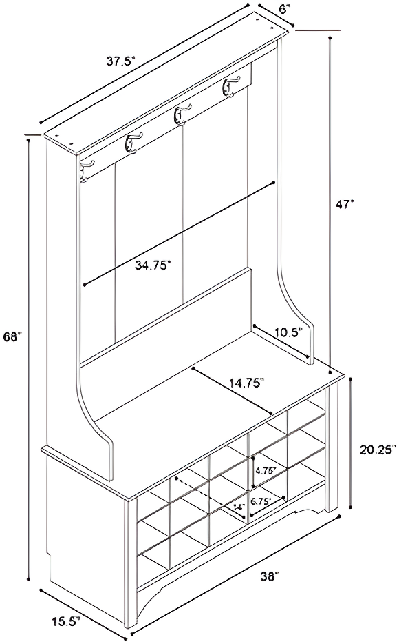 Prepac Hall Tree with Shoe Storage Drifted Gray : Entryway Organizer, Mudroom Bench, 4 Hooks, 15 Cubbies