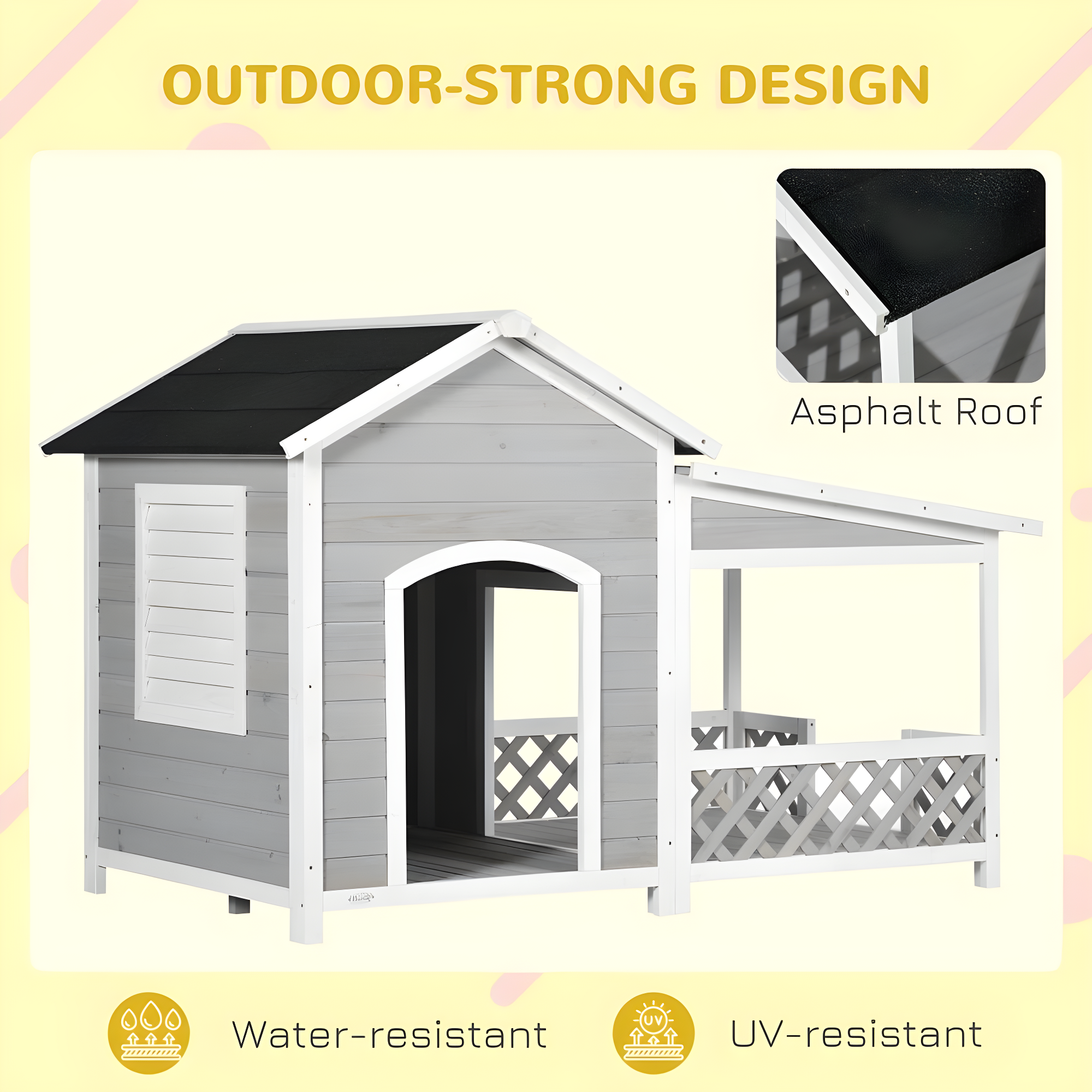 PawHut Wooden Dog House Outdoor with Porch, Raised Dog Shelter with Asphalt Roof, Doors and Shutter Window, for Medium Large Sized Dog, Light Gray