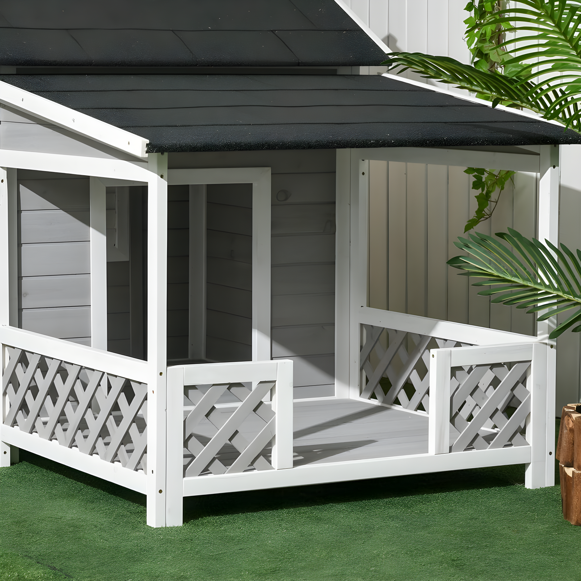 PawHut Wooden Dog House Outdoor with Porch, Raised Dog Shelter with Asphalt Roof, Doors and Shutter Window, for Medium Large Sized Dog, Light Gray