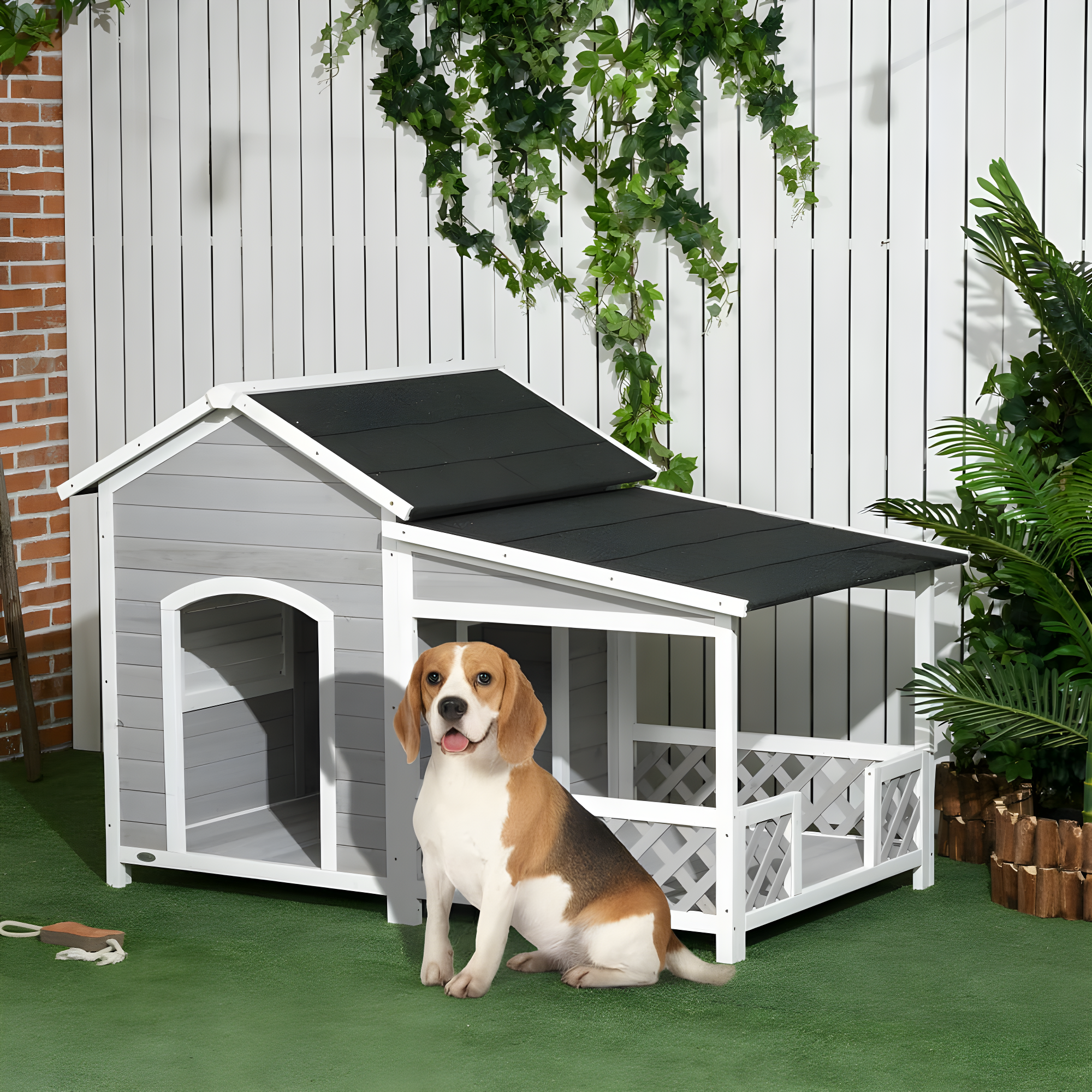 PawHut Wooden Dog House Outdoor with Porch, Raised Dog Shelter with Asphalt Roof, Doors and Shutter Window, for Medium Large Sized Dog, Light Gray
