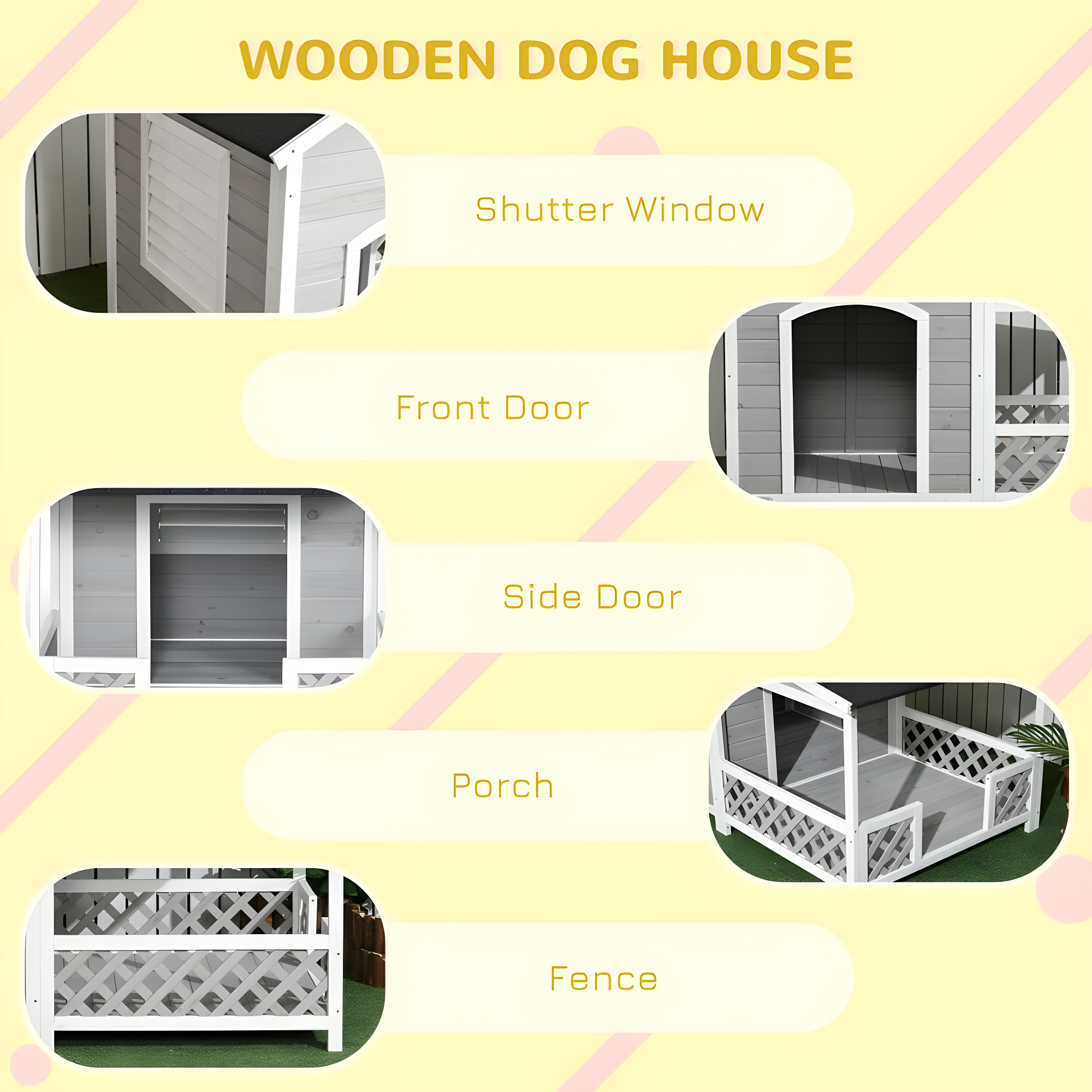 PawHut Wooden Dog House Outdoor with Porch, Raised Dog Shelter with Asphalt Roof, Doors and Shutter Window, for Medium Large Sized Dog, Light Gray