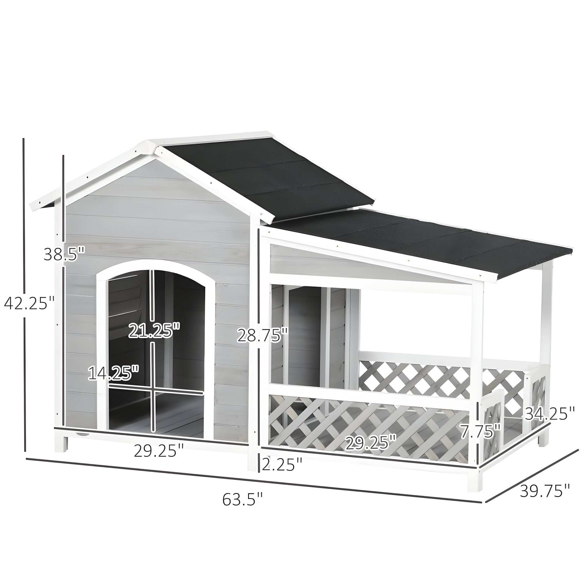 PawHut Wooden Dog House Outdoor with Porch, Raised Dog Shelter with Asphalt Roof, Doors and Shutter Window, for Medium Large Sized Dog, Light Gray