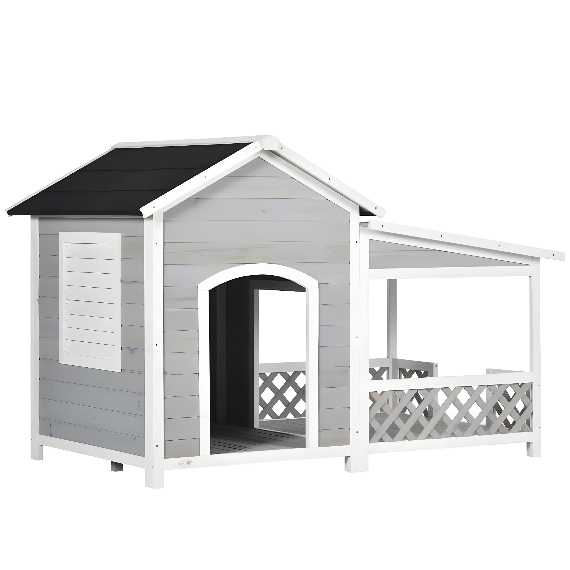 PawHut Wooden Dog House Outdoor with Porch, Raised Dog Shelter with Asphalt Roof, Doors and Shutter Window, for Medium Large Sized Dog, Light Gray