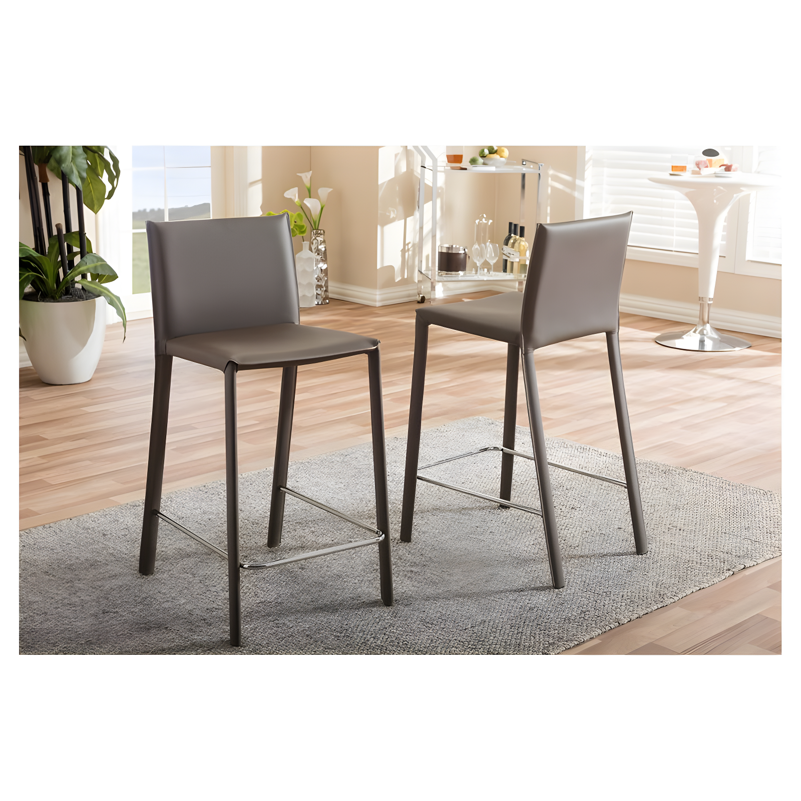Set of 2 Crawford Modern and Contemporary Leather Upholstered Counter Height Barstools Taupe - Baxton Studio: Bonded Leather, Steel Frame, Padded Back