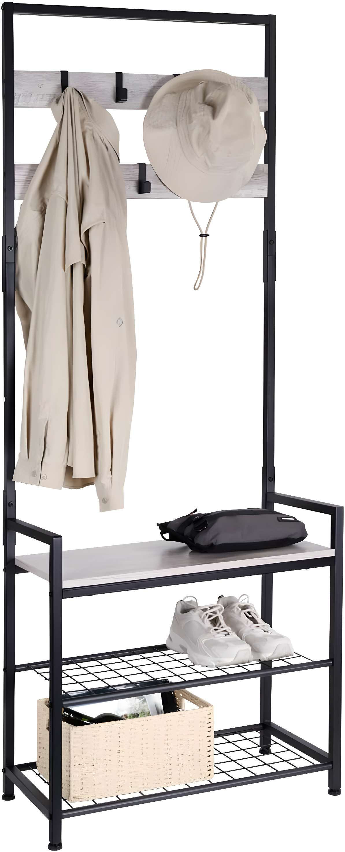 HOMEKOKO Coat Rack Shoe Bench, Hall Tree Entryway Storage Bench, Wood Look Accent Furniture with Metal Frame, 3-in-1 Design