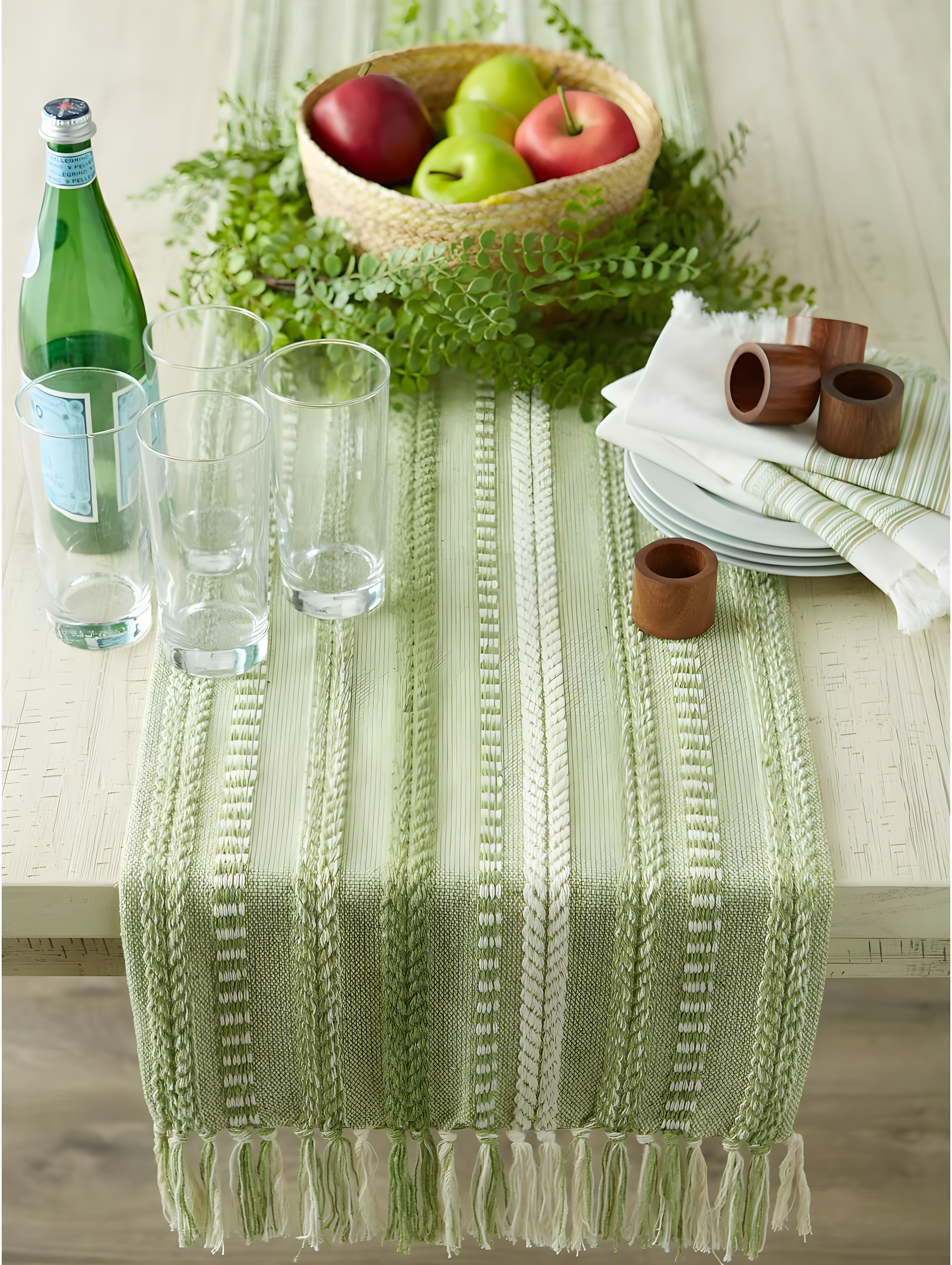 Design Imports  Braided Stripe Jacquard Fringe Table Runner, 15X108", Antique Green
