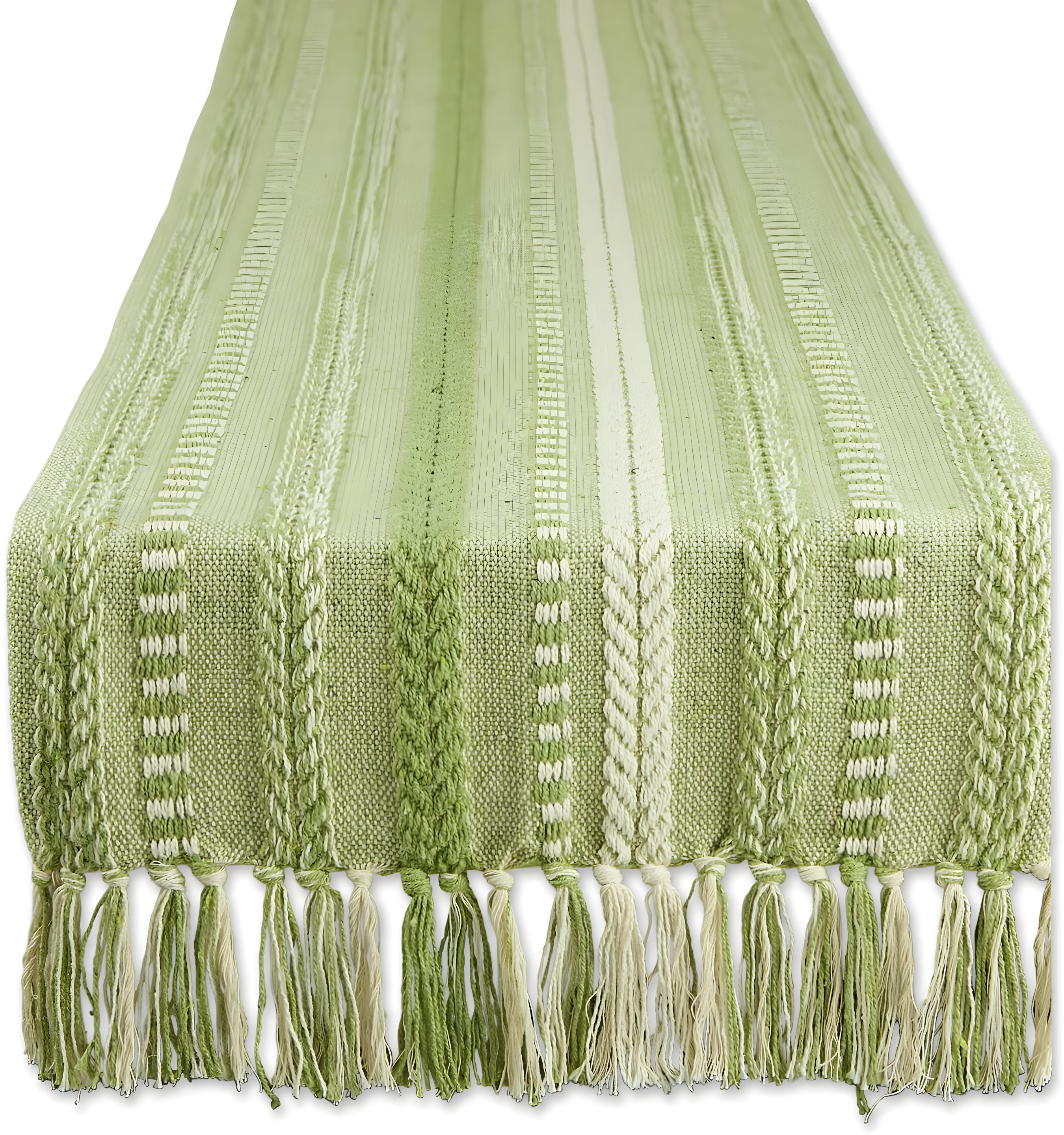 Design Imports  Braided Stripe Jacquard Fringe Table Runner, 15X108", Antique Green