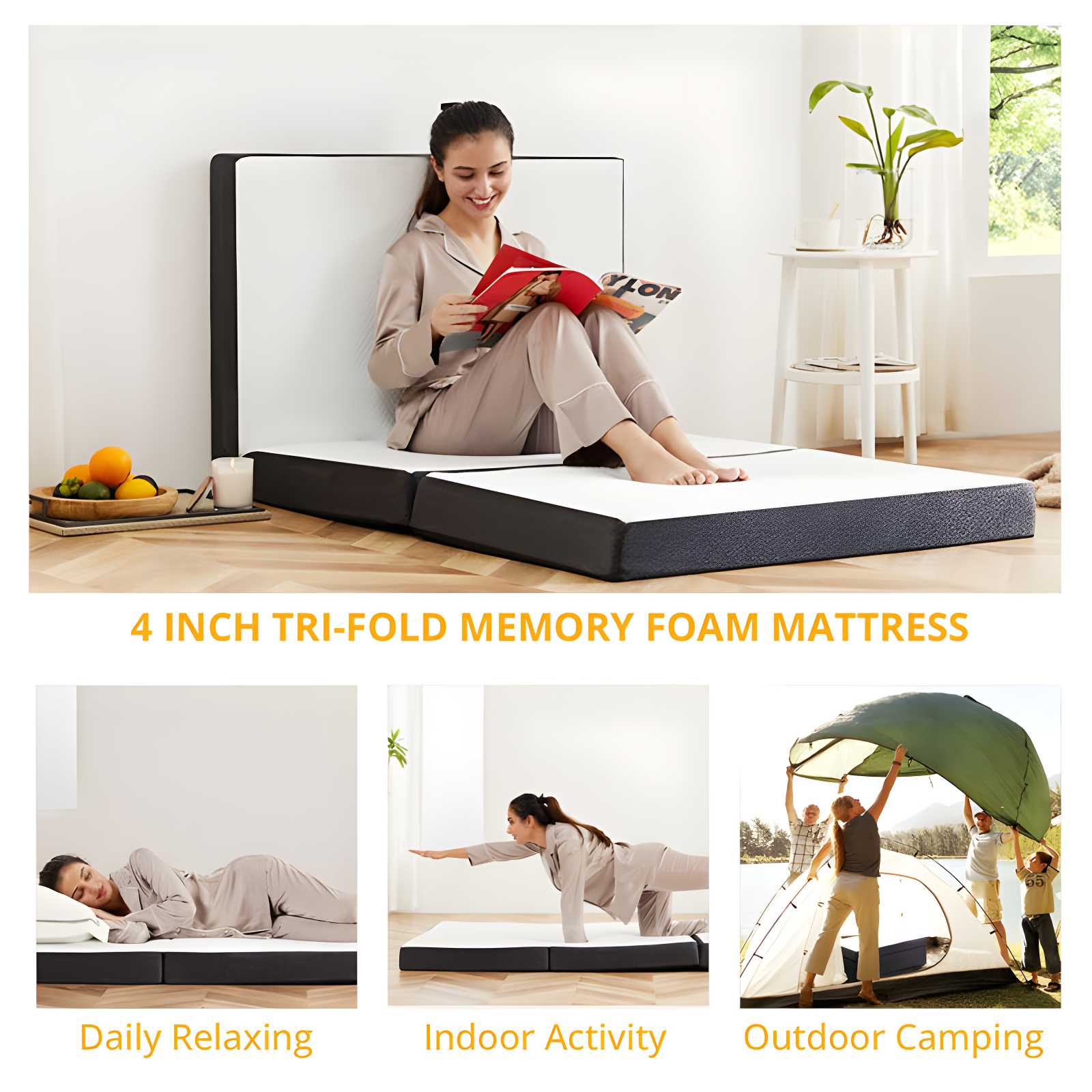Salaam 3" Tri-fold Memory Foam Folding Mattress Topper for Camping, Foldable Mattress Topper with Washable Cover