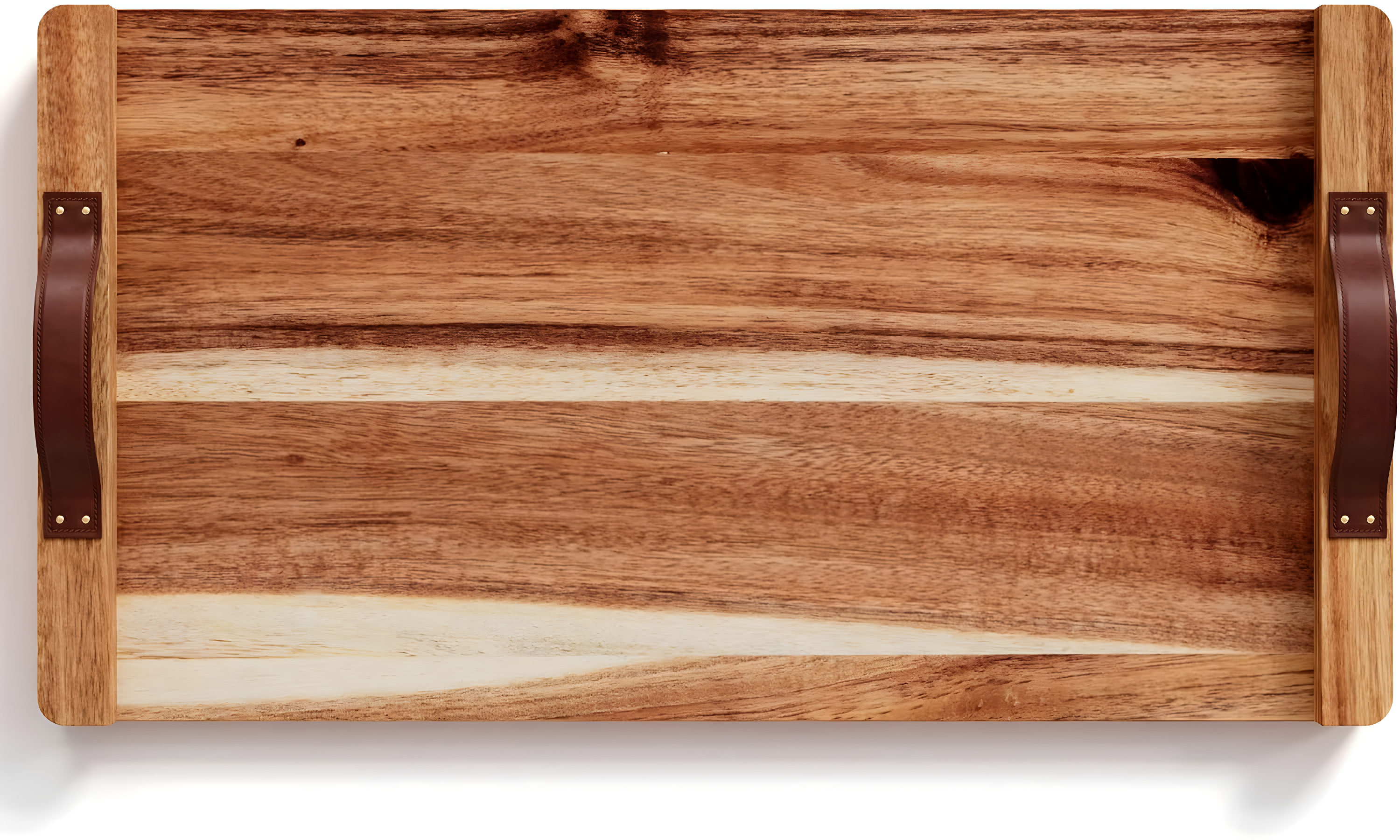 American Atelier Acacia Wood Rectangular Tray with Leather Handles, Serving Platters, Wooden Board for Cheese, Meats, Snack or Charcuterie, 18” x 9”