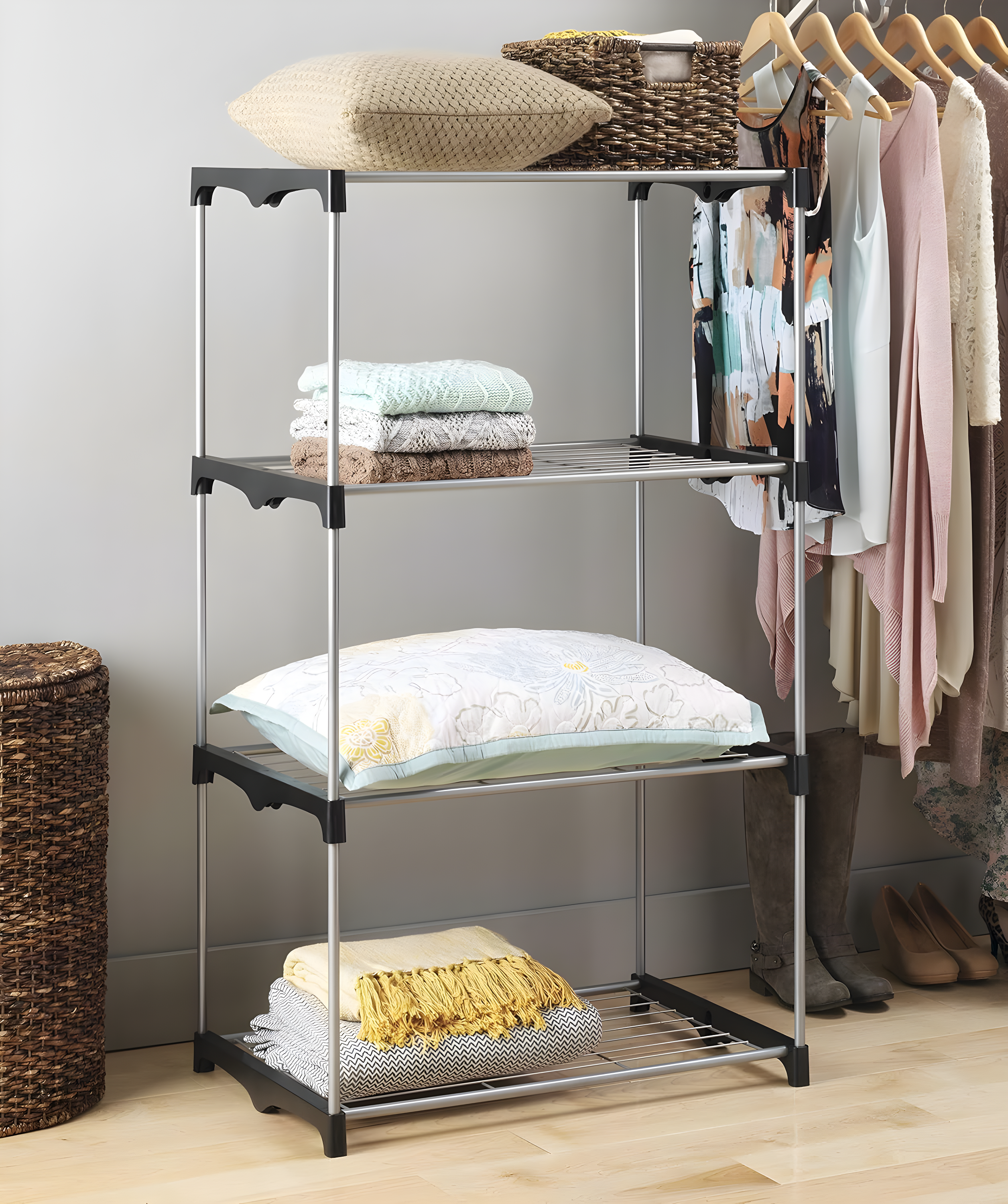 Whitmor 4-Tier Freestanding Metal Shelf Tower Closet System, Black & Silver