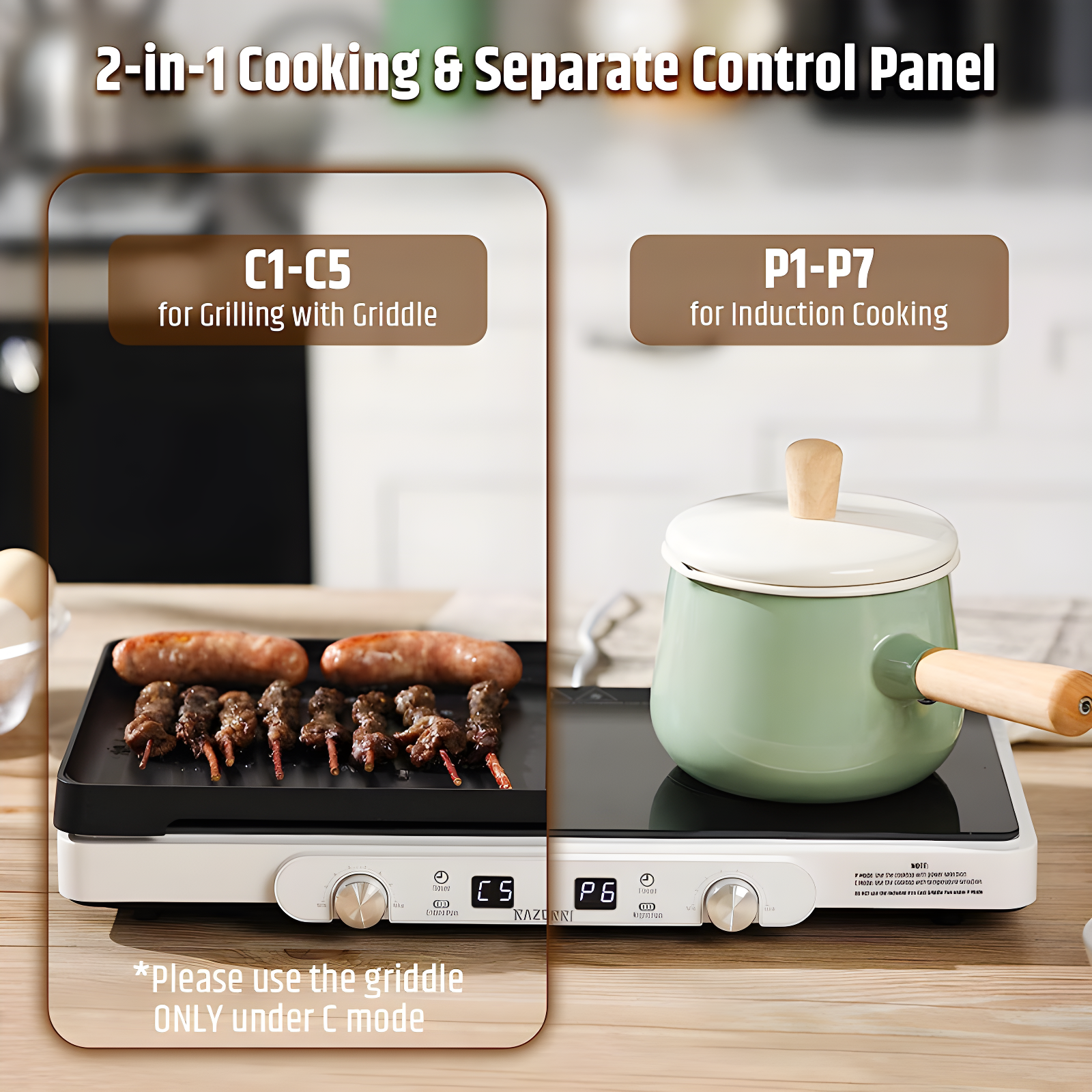Razorri Electric Induction Cooktop, Removable Cast Iron Griddle Pan Non-Stick, 1800W Double Burner