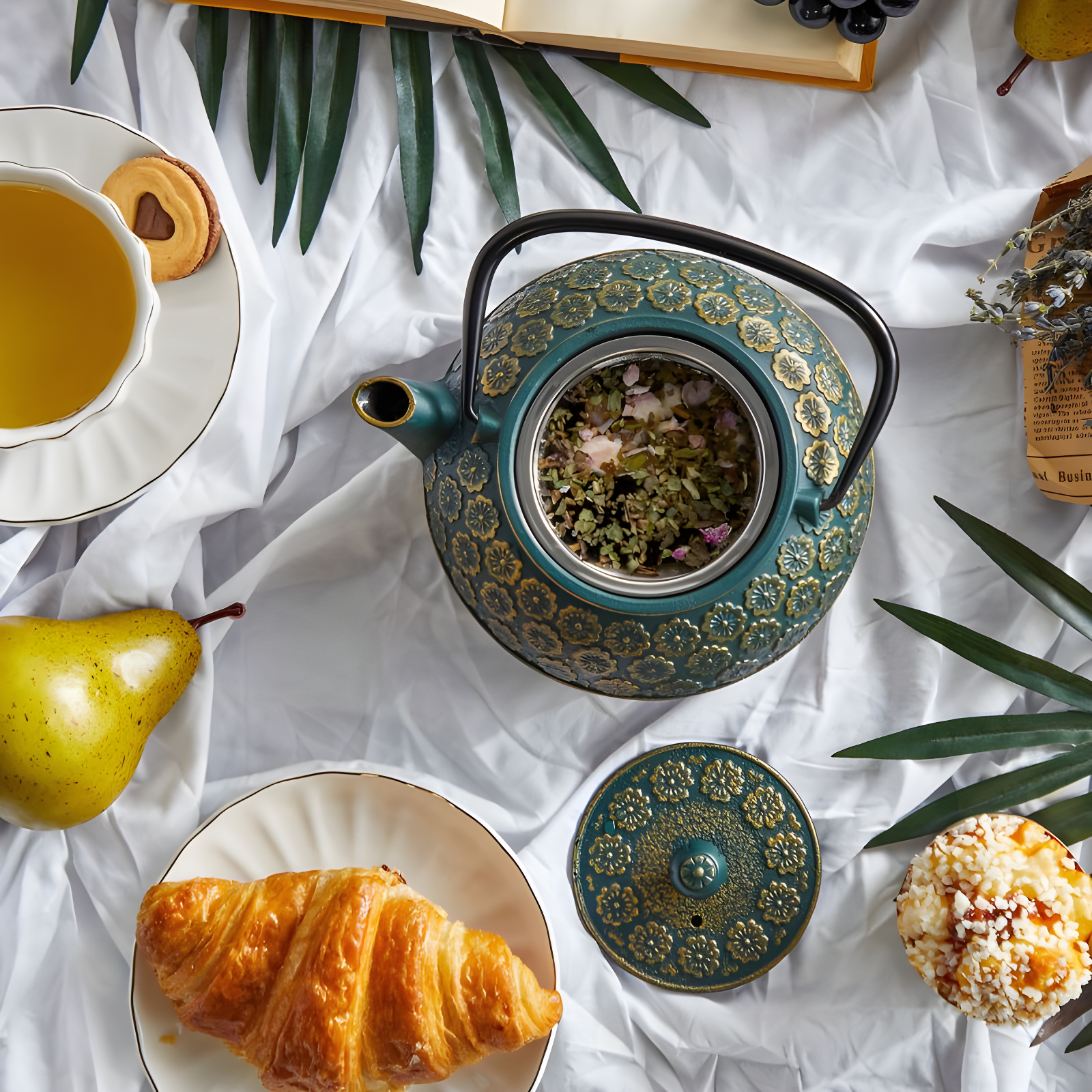 Juvale Green Cast Iron Floral Teapot Kettle with Stainless Steel Infuser Set, Japanese Tea Pot for Kitchen Pantry, 34 oz