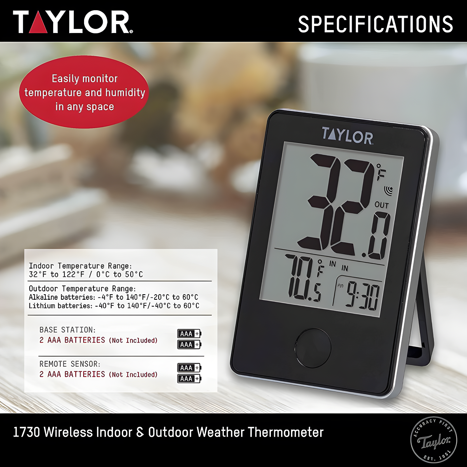 Taylor Taylor Wireless Digital Indoor/Outdoor Thermometer with Remote Sensor