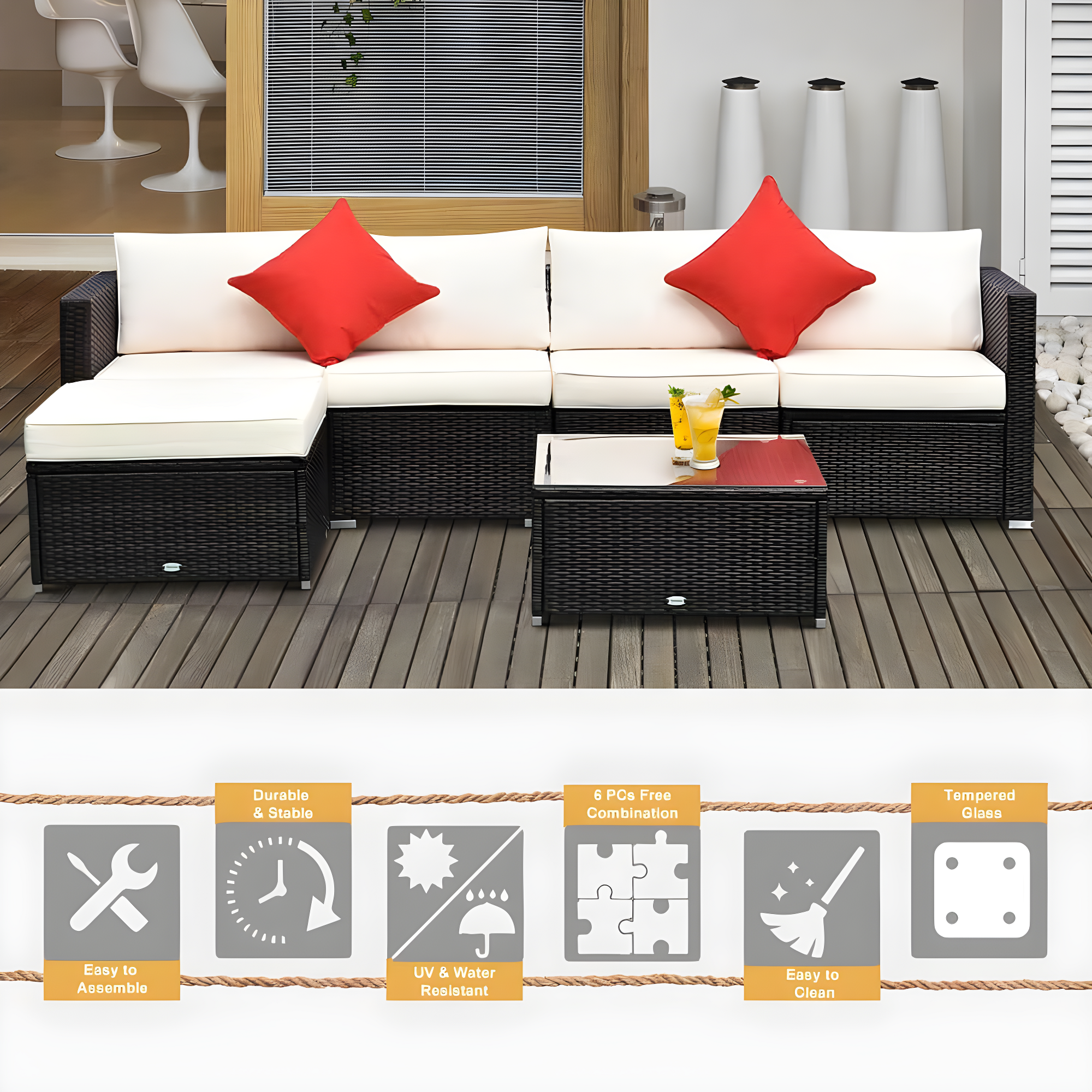 Outsunny 6 Pieces Outdoor PE Rattan Sofa Set, Sectional Conversation Wicker Patio Couch Furniture Set with Cushions and Coffee Table, White