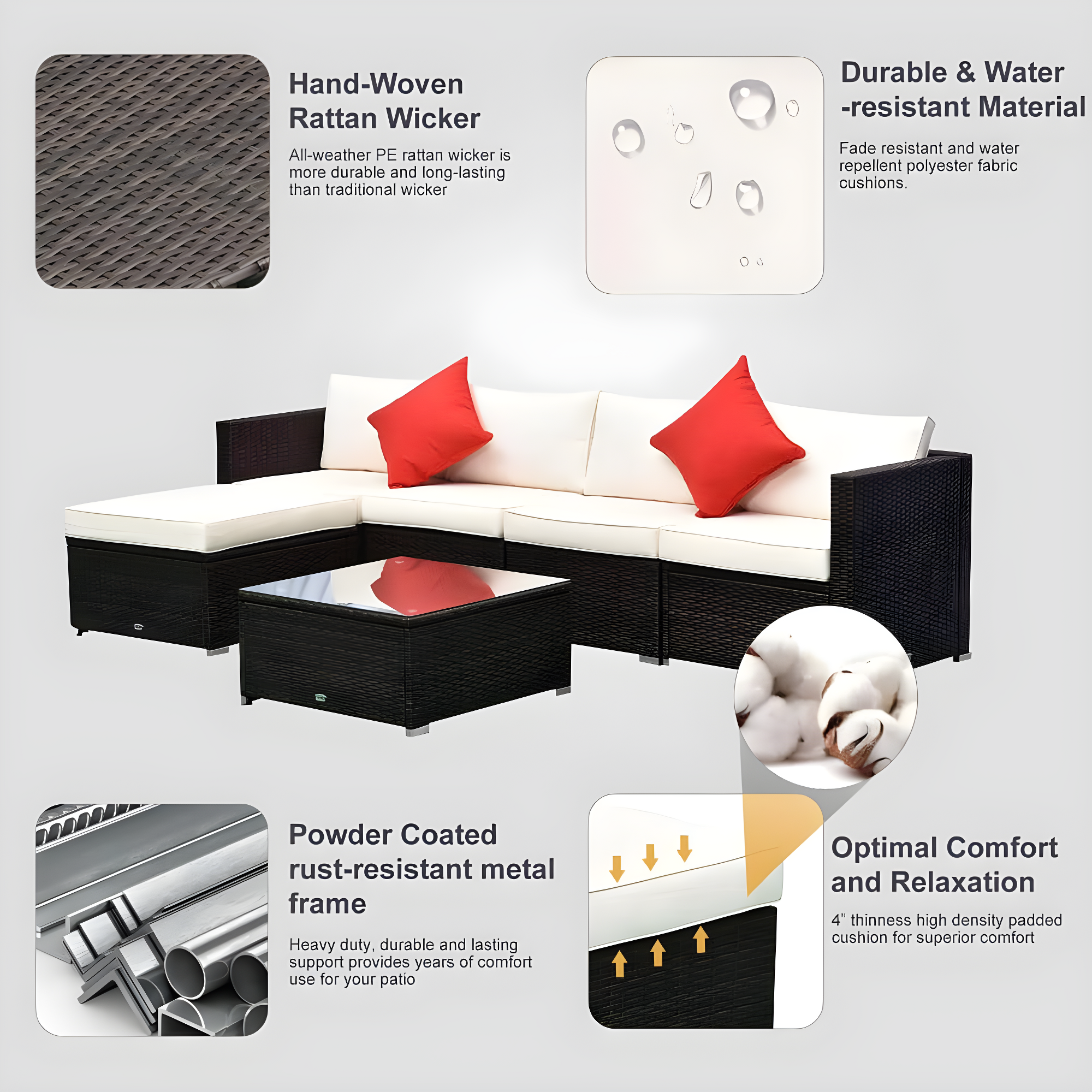 Outsunny 6 Pieces Outdoor PE Rattan Sofa Set, Sectional Conversation Wicker Patio Couch Furniture Set with Cushions and Coffee Table, White