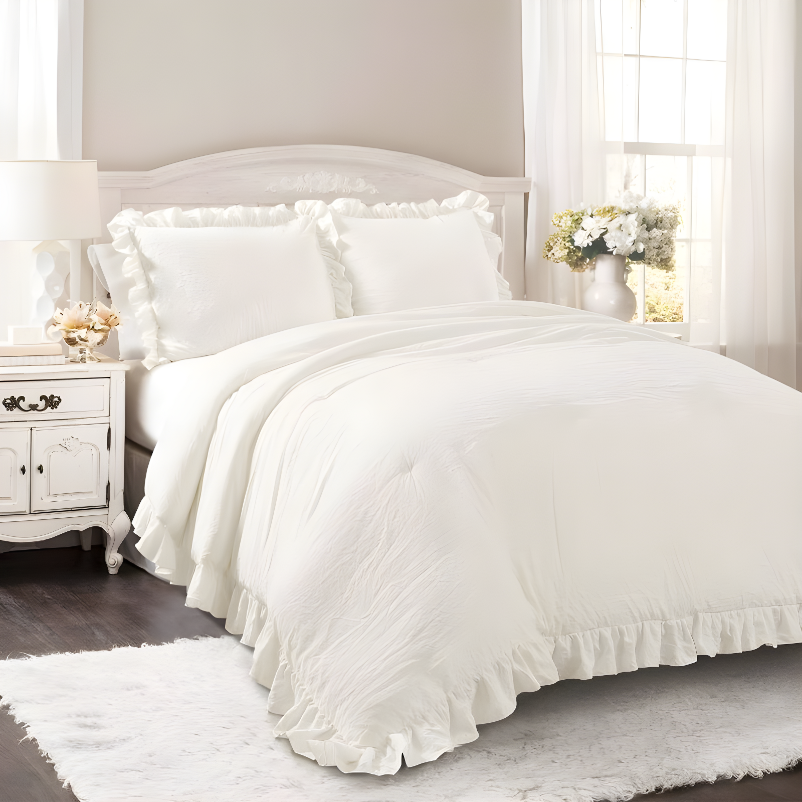 Lush Décor 3pc King Reyna Comforter Set White: Microfiber, Ruffled, OEKO-TEX Certified