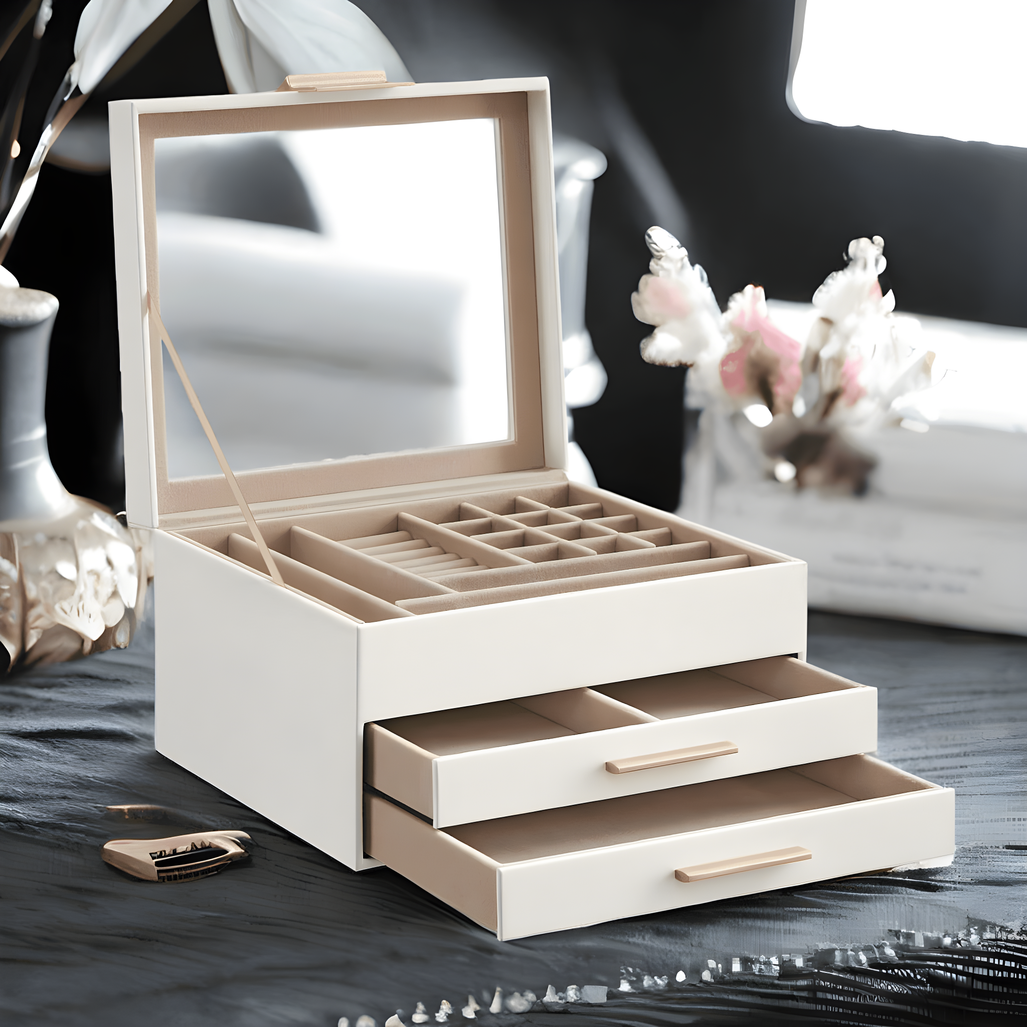 Stack man Big And Small Jewelry, Modern Style, 8 X 9.1 X 5.3 Inches, Valentine's Day Gift, Cloud White And Gold Color UJBC239WT