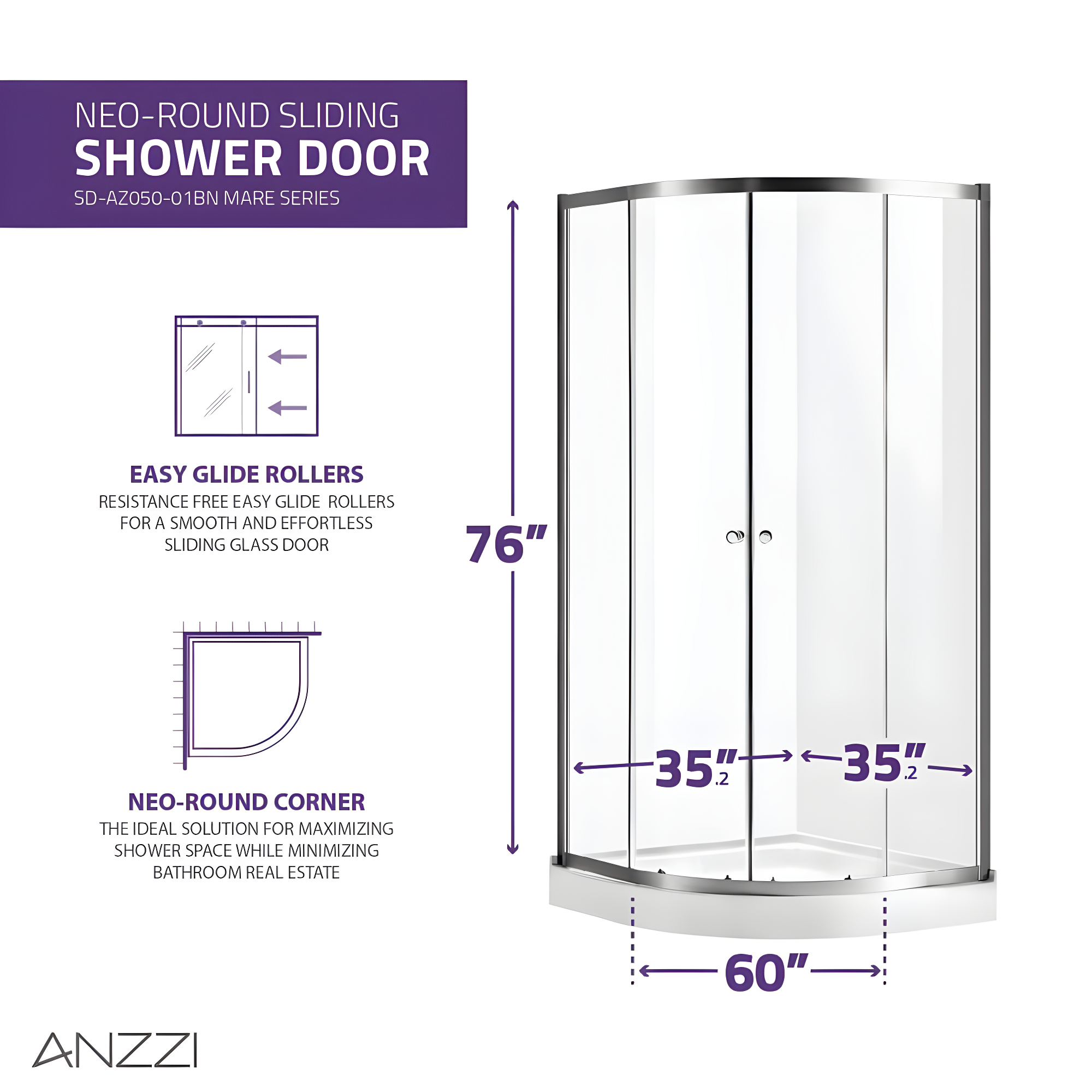 Mare Series 35.2'' W 76'' H Framed Round Reversible Shower Enclosure