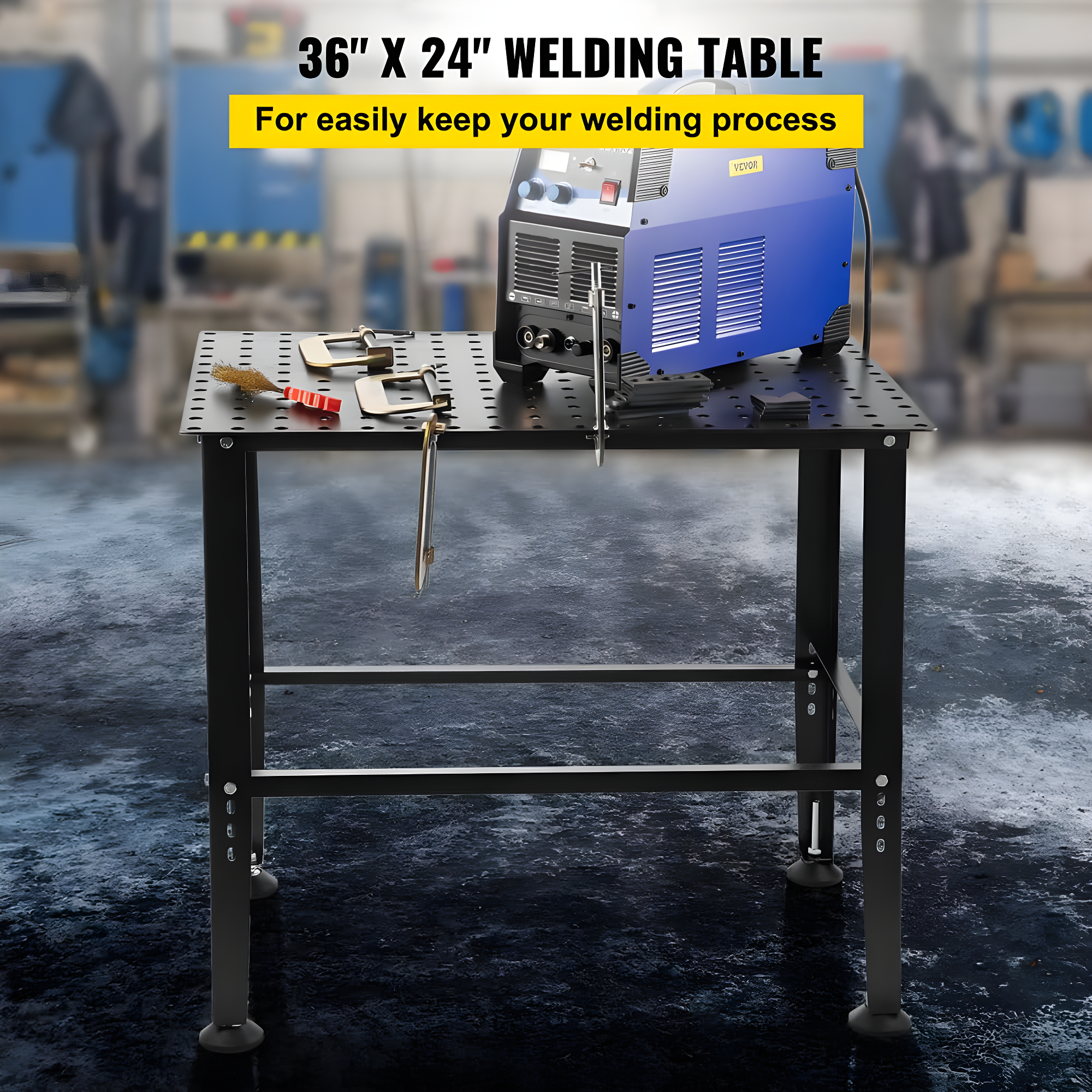 VEVOR Welding Table, 36" x 24" Adjustable Workbench, 0.12" Thick Industrial, 600lb Load Capacity, Heavy Duty Carbon Steel, Gray Steel With Accessories