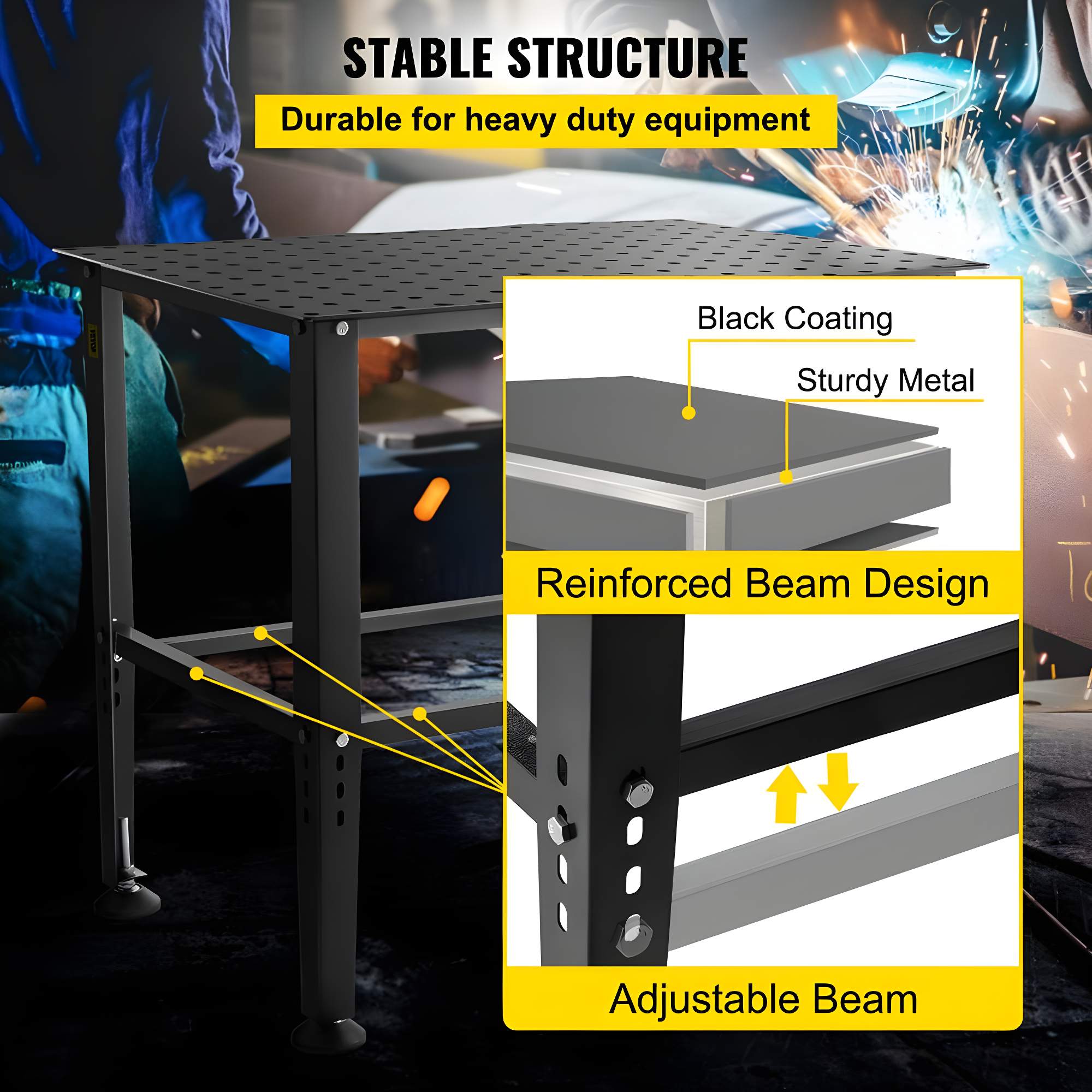 VEVOR Welding Table, 36" x 24" Adjustable Workbench, 0.12" Thick Industrial, 600lb Load Capacity, Heavy Duty Carbon Steel, Gray Steel With Accessories