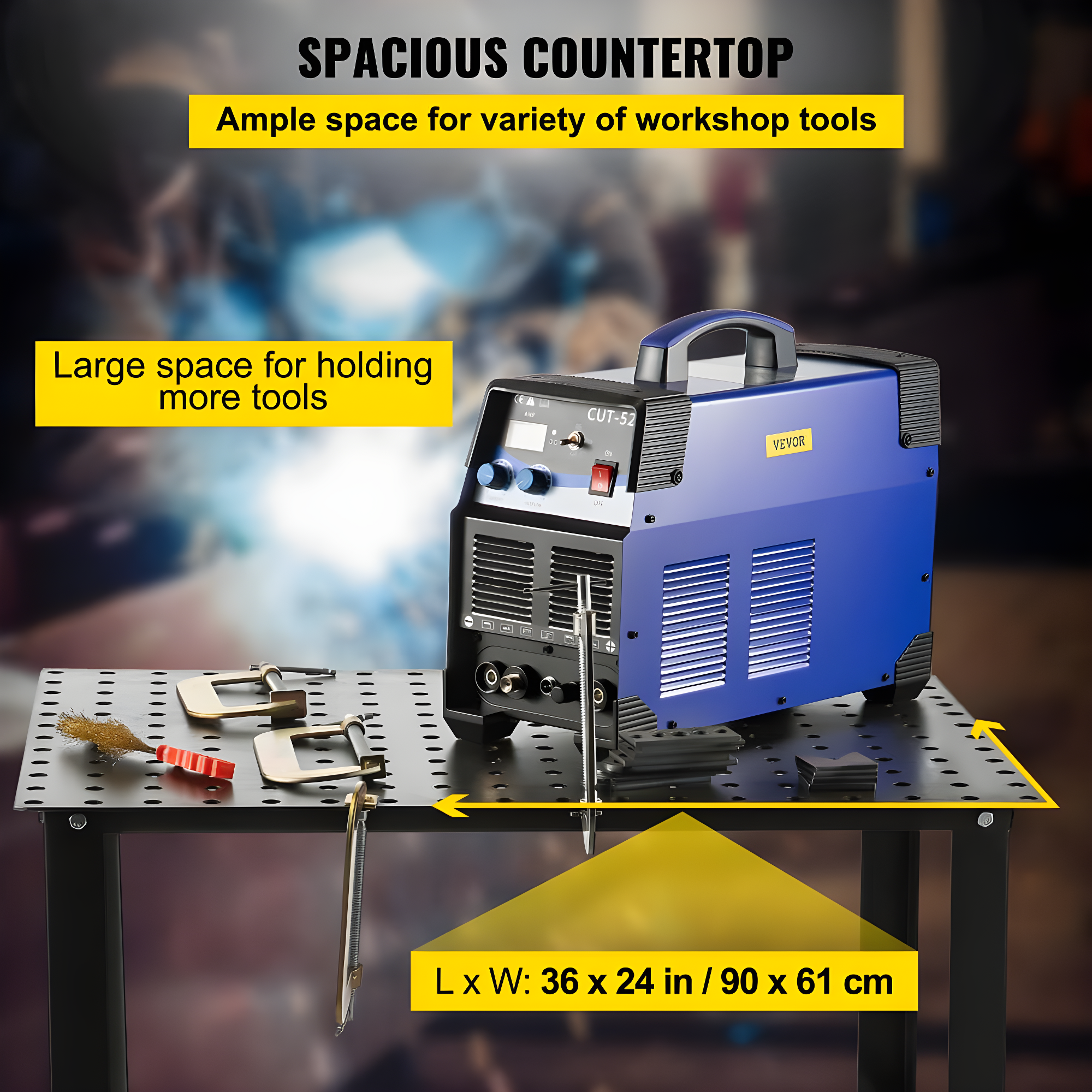 VEVOR Welding Table, 36" x 24" Adjustable Workbench, 0.12" Thick Industrial, 600lb Load Capacity, Heavy Duty Carbon Steel, Gray Steel With Accessories