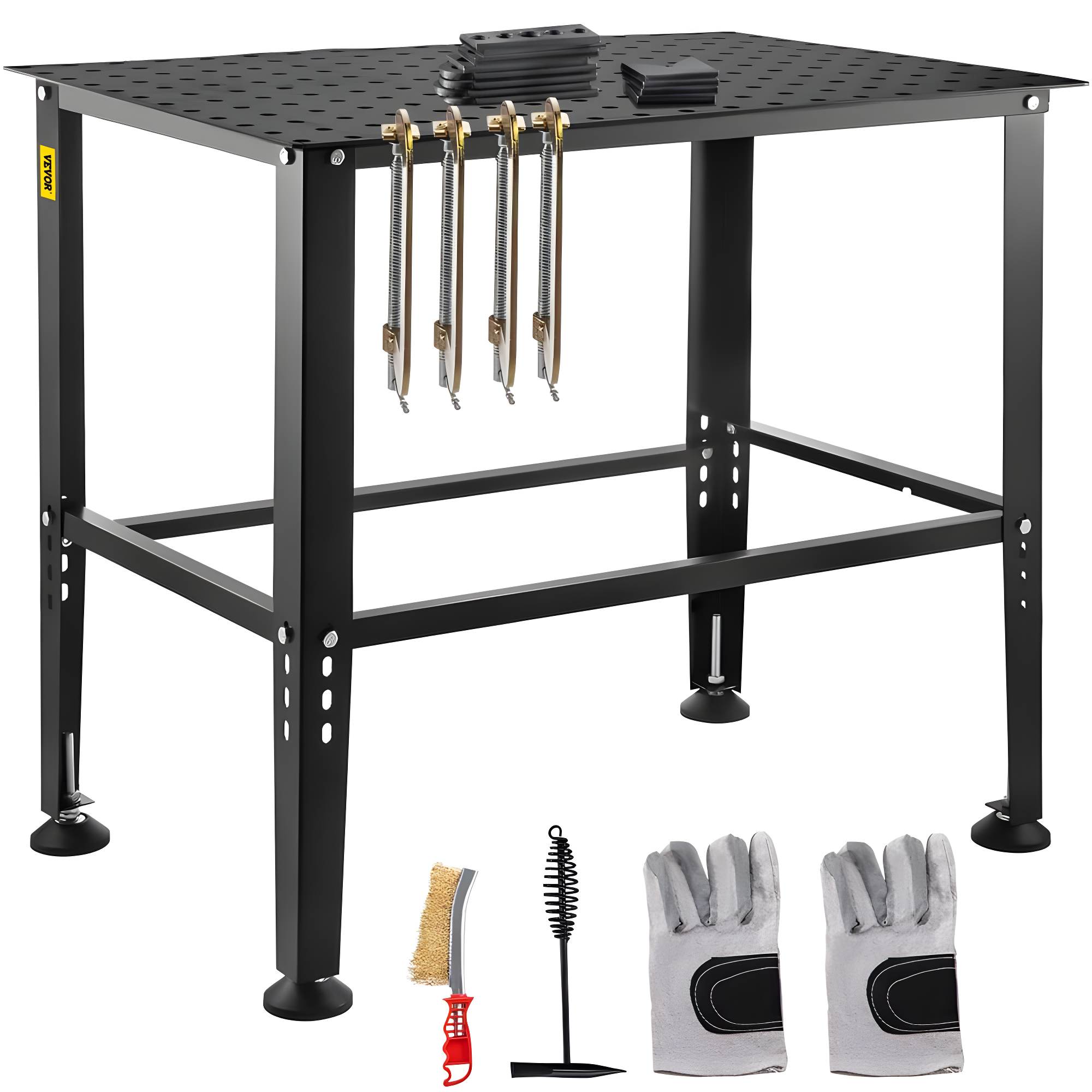 VEVOR Welding Table, 36" x 24" Adjustable Workbench, 0.12" Thick Industrial, 600lb Load Capacity, Heavy Duty Carbon Steel, Gray Steel With Accessories