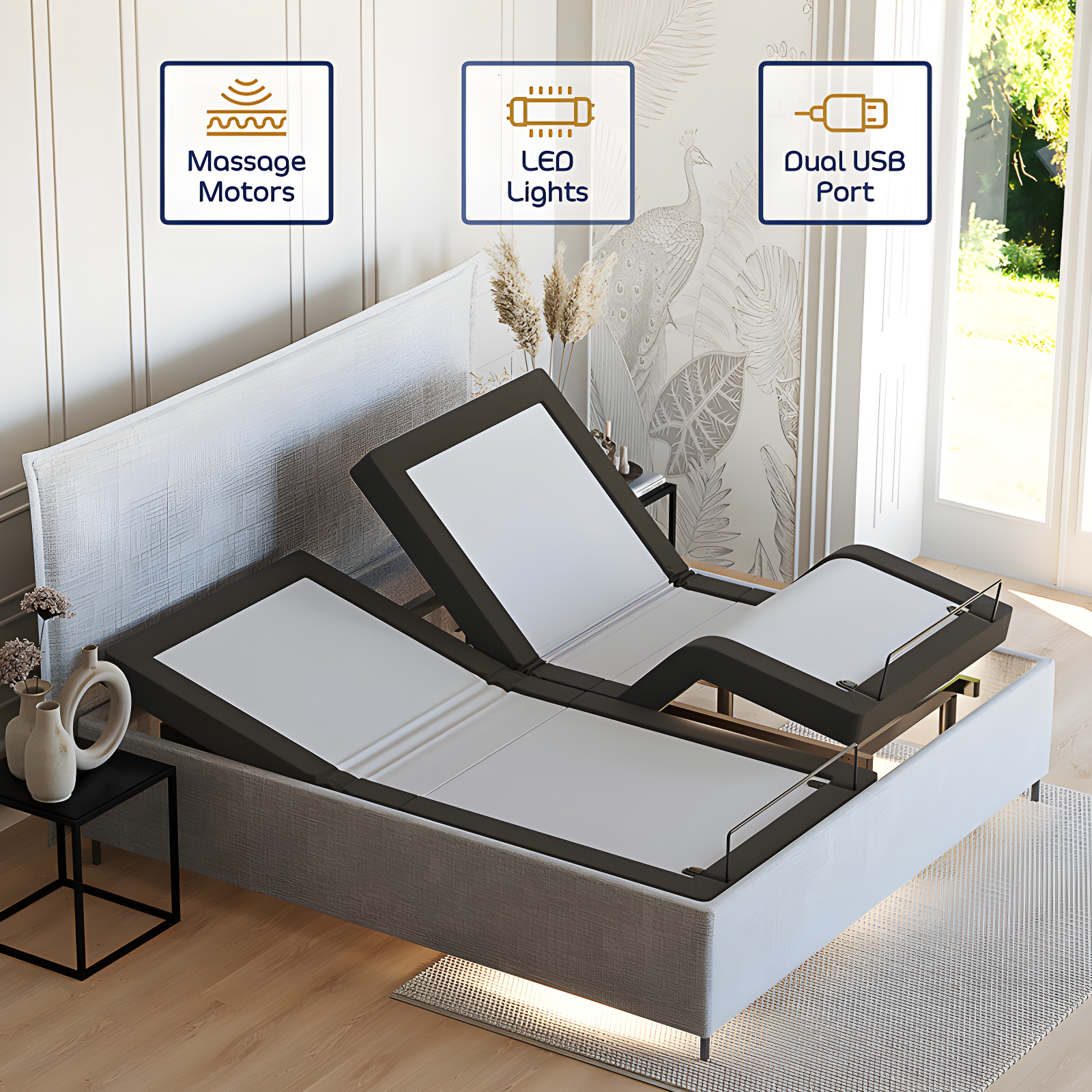 Clara Clark Clara Clark Massaging Zero Gravity, Zero Clearance Adjustable Bed with Wireless Remote, USB Ports & LED Lights