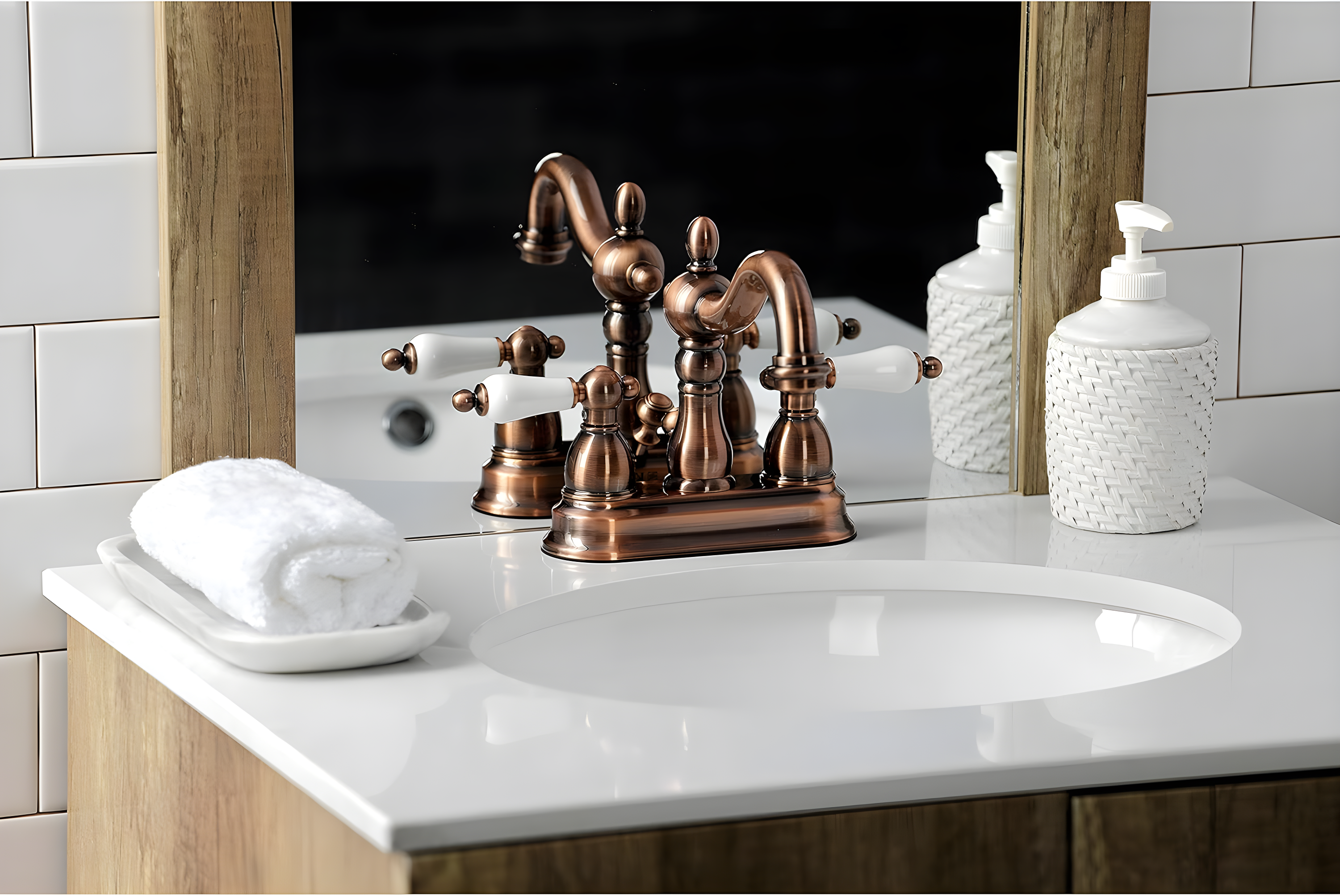 Kingston Brass Heritage Two-Handle 3-Hole Deck Mount 4" Centerset Bathroom Faucet with Plastic Pop-Up