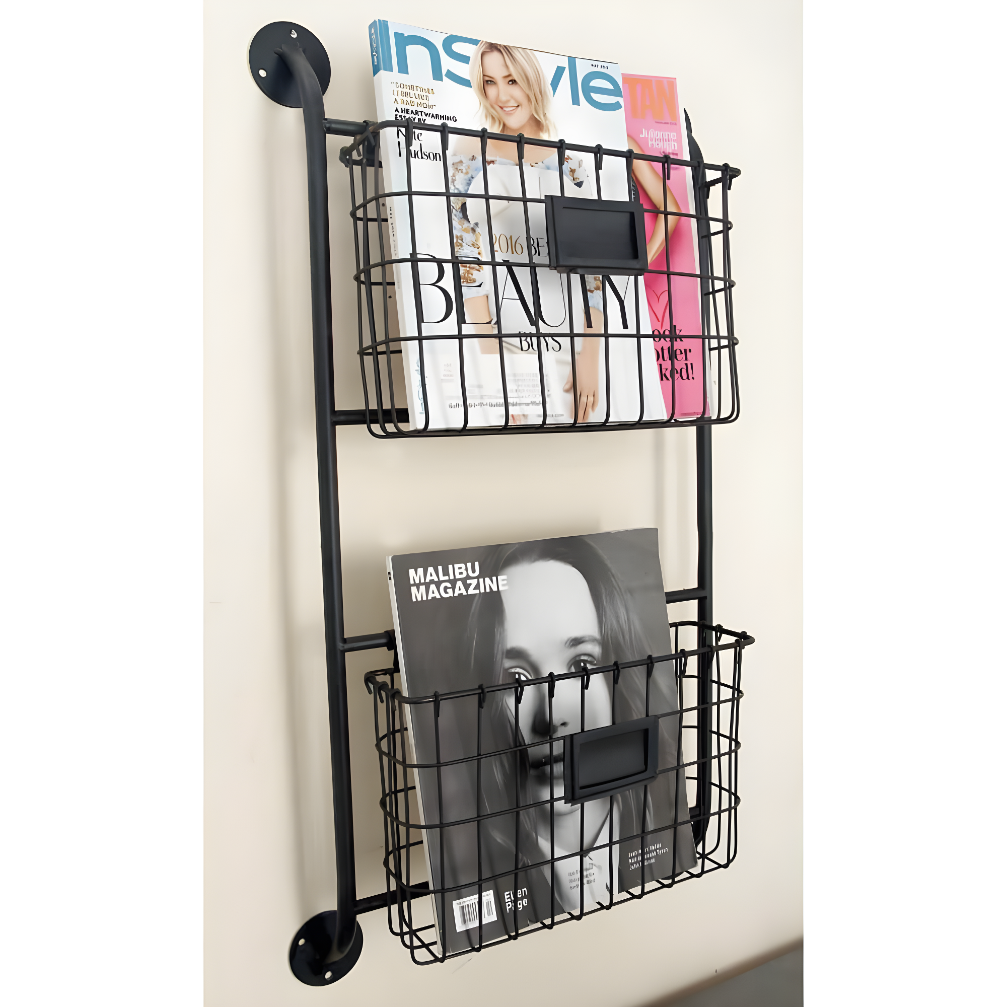 DecMode 28" Black Metal 2 Slots Suspended Wire Basket Magazine Rack Holder with Suspended Baskets and Label Slot