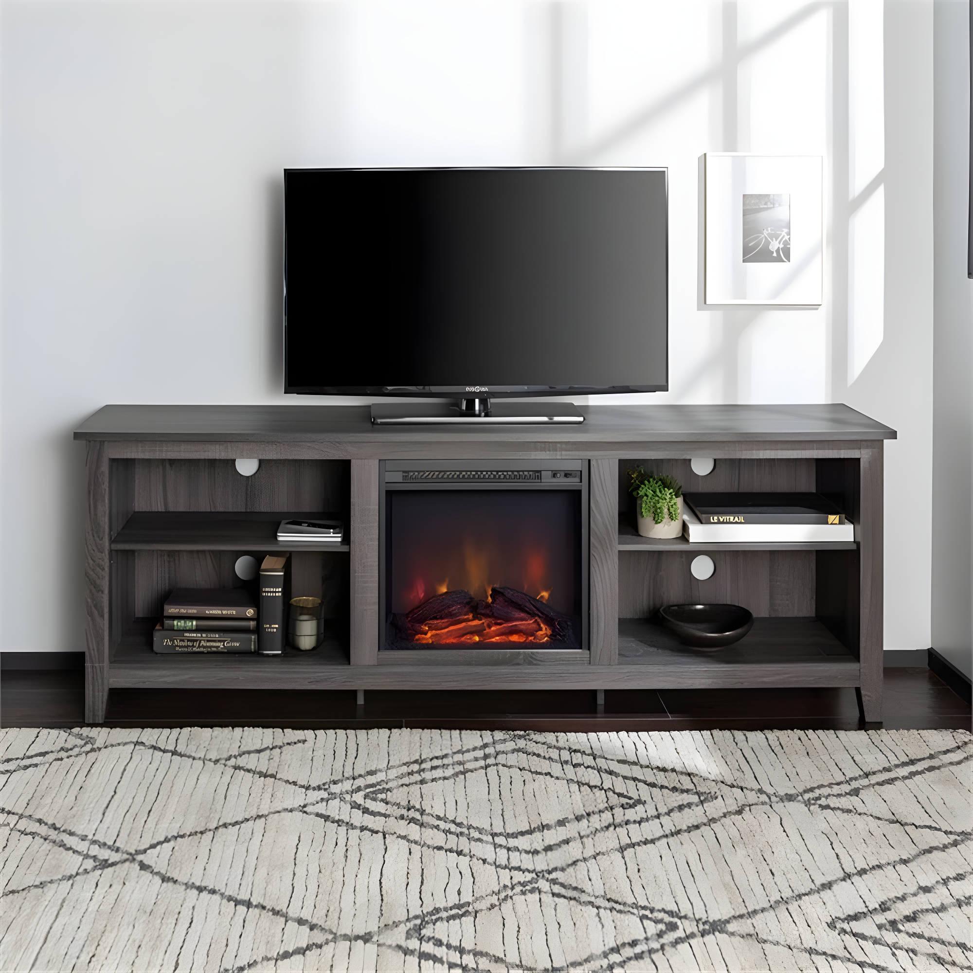 we furniture 70" wood media tv stand console with fireplace - charcoal